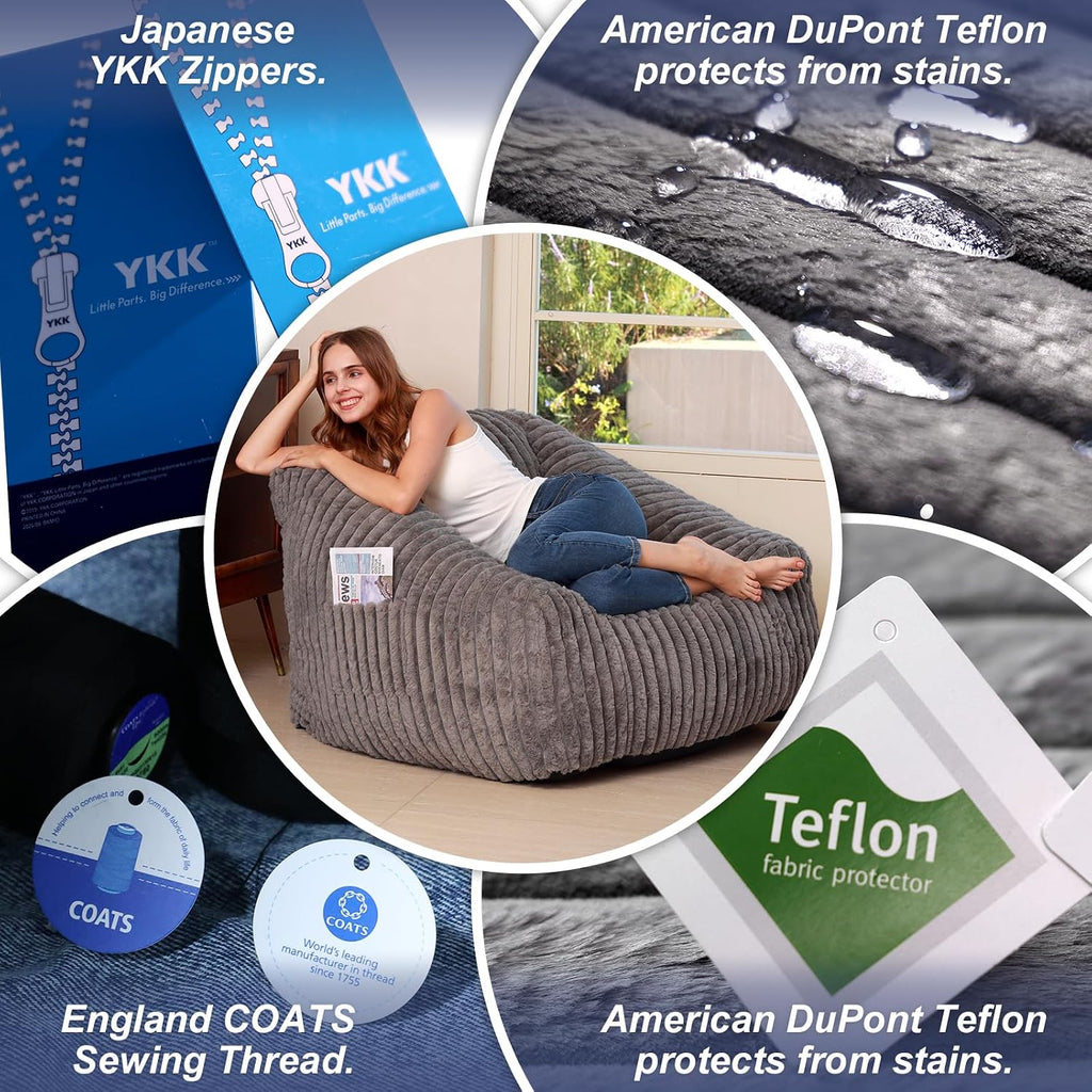 Bean Bag Chair with Memory Foam Filling- Large Stuffable Soft Giant Beanbag Reading Chair, Adults Lounge Gaming Lazy Sofa Bed for Living Room Bedroom- Grey, Stripe Fur