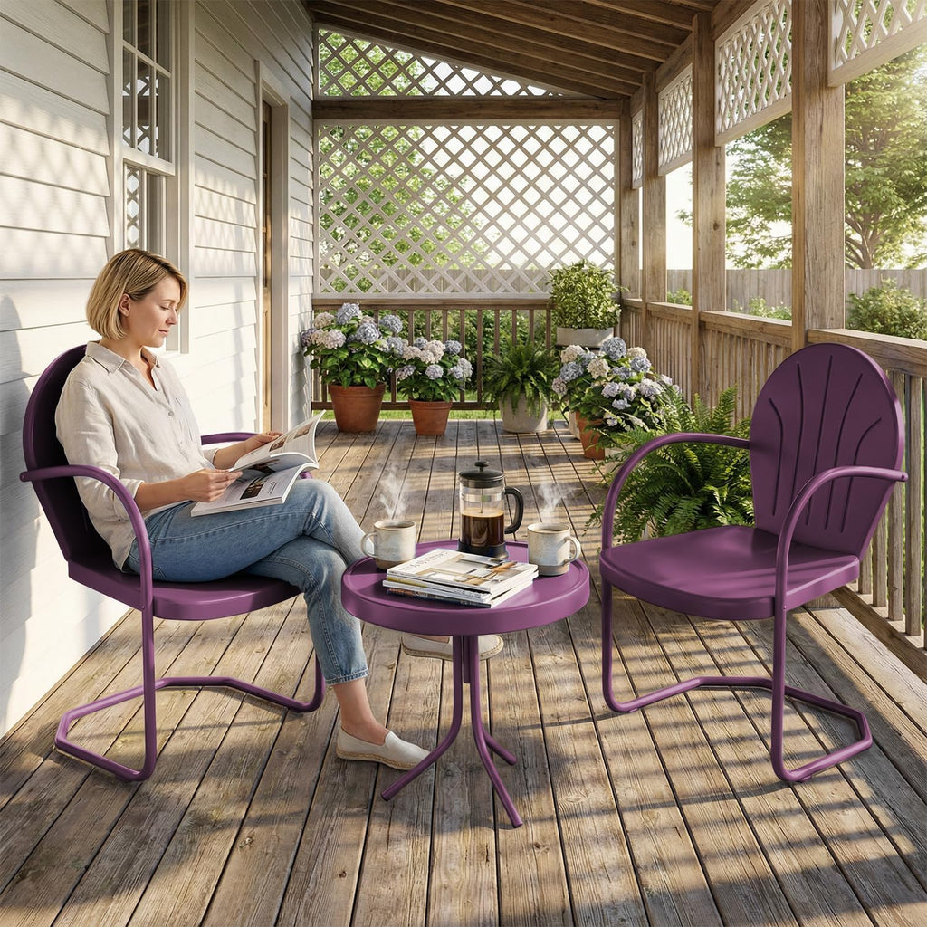 Patio Bistro Set Retro Metal Outdoor Seating Conversation 3 Pieces, 2 C-Spring Motion Armchairs and Round Side Table, for Porch, Lawn, Garden, Purple