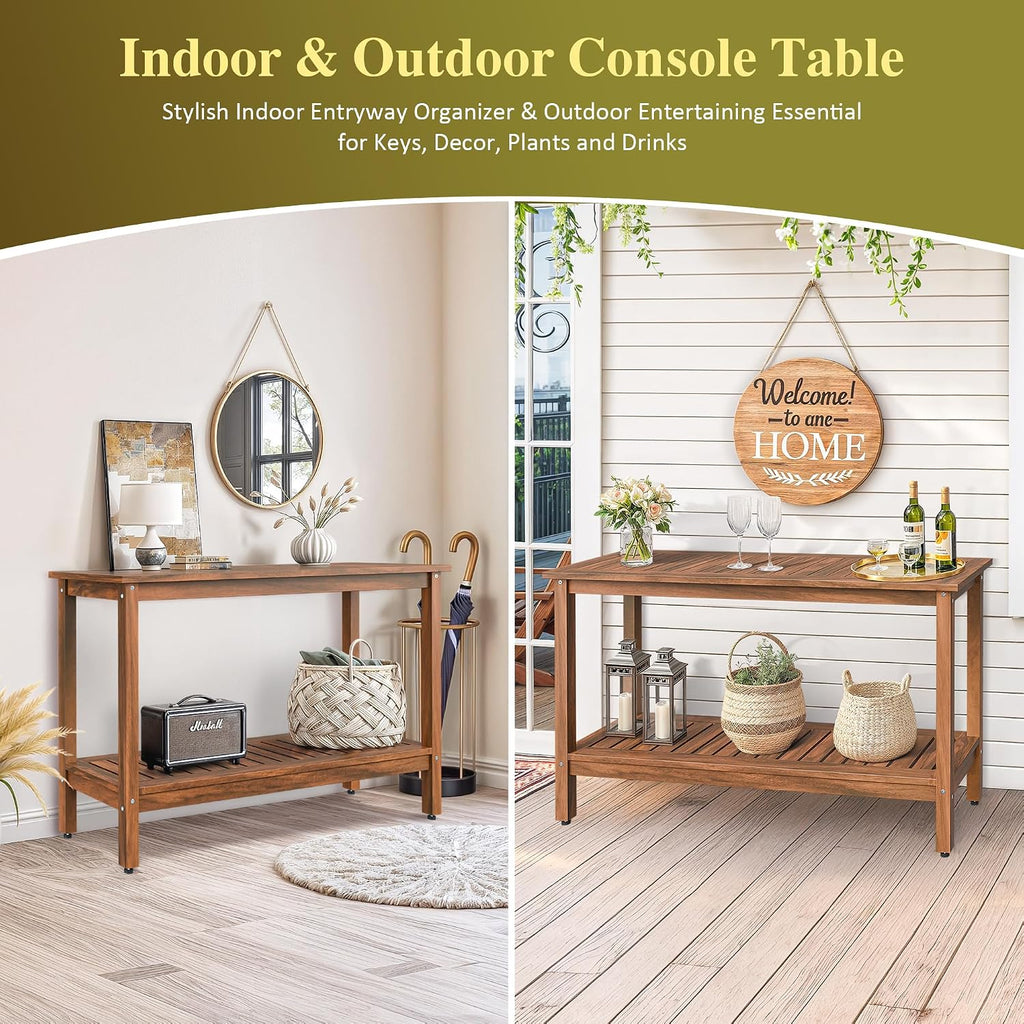 SUPER DEAL 2-Tier Solid Wood Side Table, Outdoor Console Table with Storage Shelf, Adjustable Feet Buffet Bar Organizer for Patio Porch, All-Weather Natural