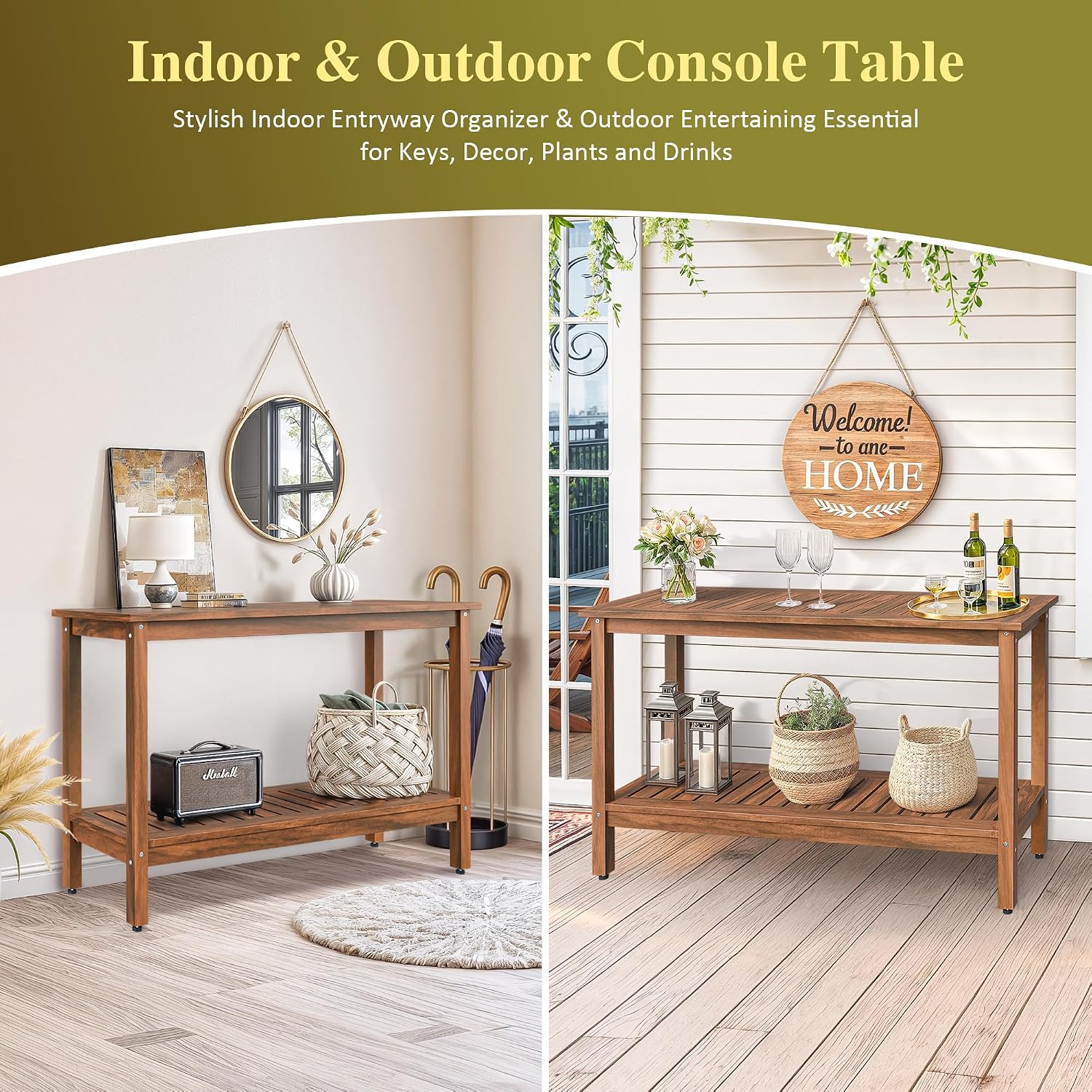 SUPER DEAL 2-Tier Solid Wood Side Table, Outdoor Console Table with Storage Shelf, Adjustable Feet Buffet Bar Organizer for Patio Porch, All-Weather Natural