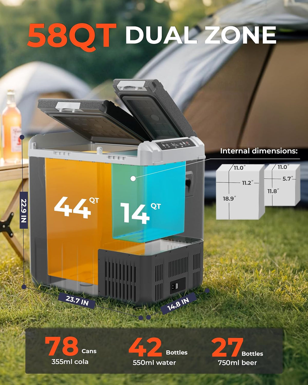 EKOJUCE 12 Volt Car Refrigerator, 58QT(55L) Electric Cooler, Dual Zone Portable Freezer with 12/24V DC & 100-240V AC, -4℉-68℉, Car Fridge for Truck Camping Travel RV Road Trips