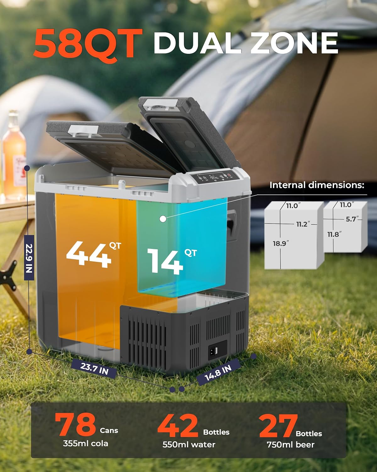 EKOJUCE 12 Volt Car Refrigerator, 58QT(55L) Electric Cooler, Dual Zone Portable Freezer with 12/24V DC & 100-240V AC, -4℉-68℉, Car Fridge for Truck Camping Travel RV Road Trips