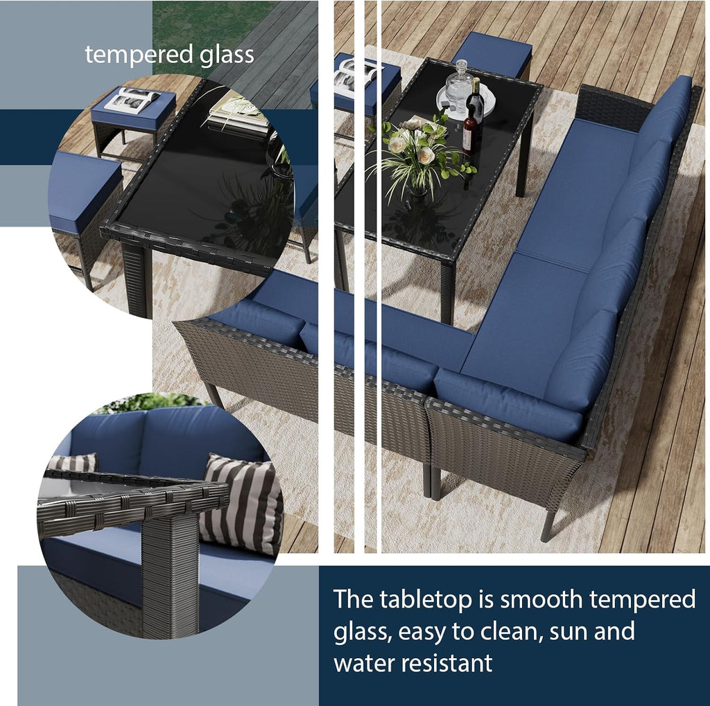 7-Piece Outdoor Patio Furniture Set, Wicker Sectional Sofa with Seat & Back Cushions, All-Weather Conversation Set with Long Glass Coffee Table for Garden, Porch, Lawn, Khaki