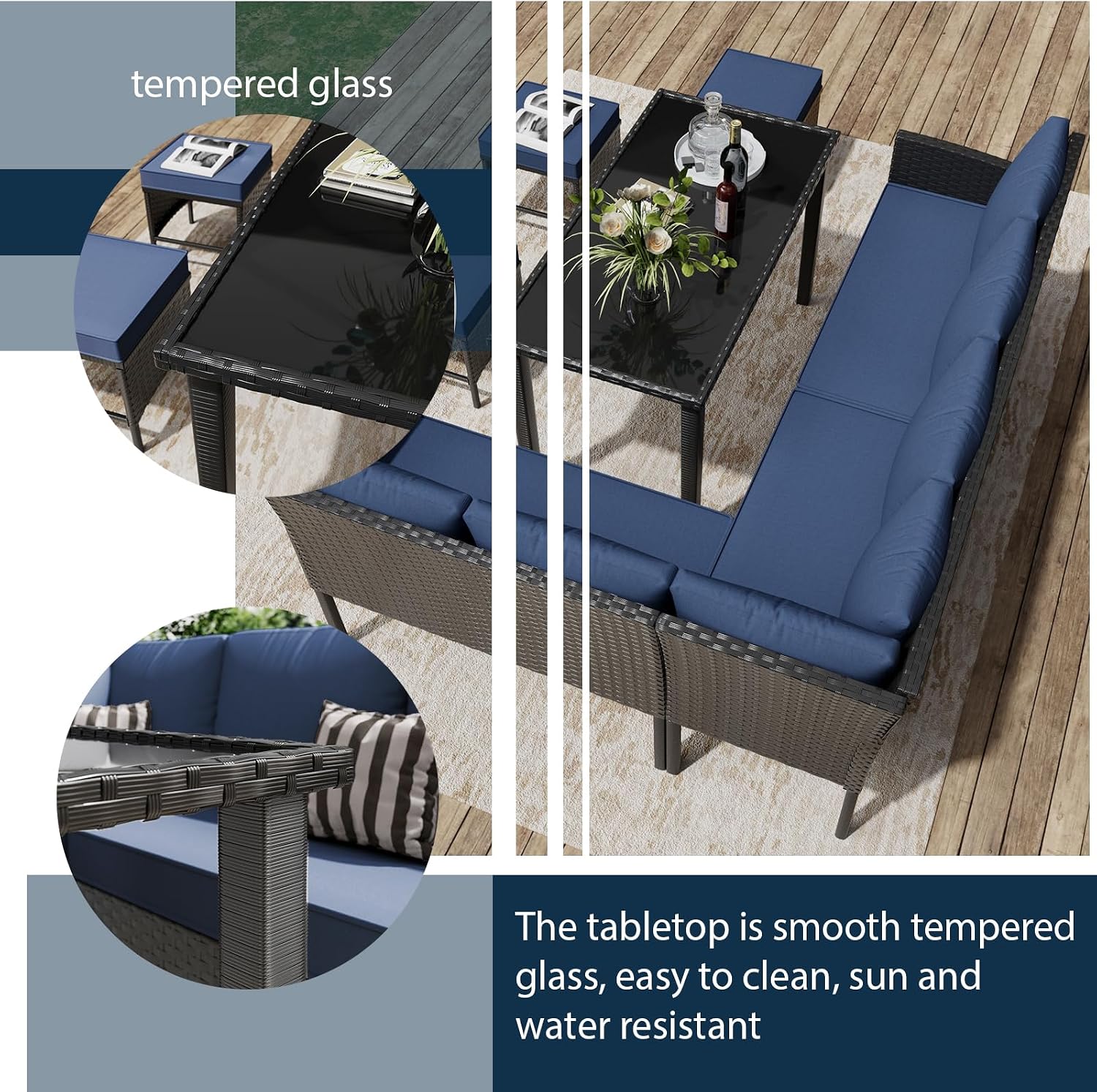 7-Piece Outdoor Patio Furniture Set, Wicker Sectional Sofa with Seat & Back Cushions, All-Weather Conversation Set with Long Glass Coffee Table for Garden, Porch, Lawn, Khaki