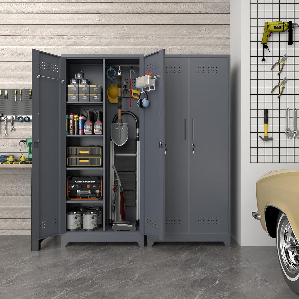 Metal Tool Storage Cabinet, Broom Closet with Hooks, 72.8' Tall Garage Cabinet with Shelves, Heavy-Duty Cleaning Storage for Utility Room, Gym, Office, Garage