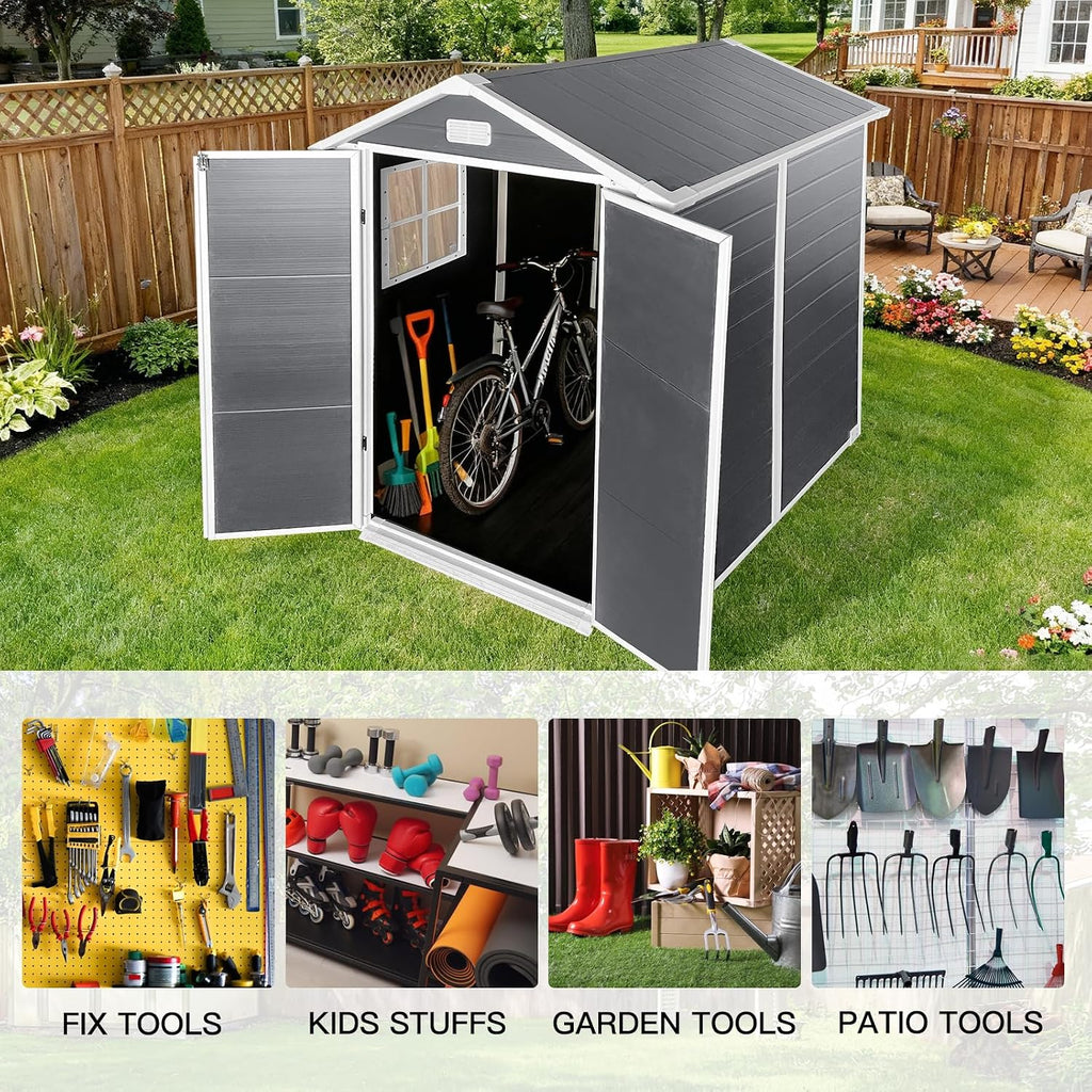 KEIKI 6x6 FT Plastic Outdoor Storage Shed, Outdoor Garden Shed with Floor & Lockable Door, Tool Shed for Backyard, Lawn, Grey