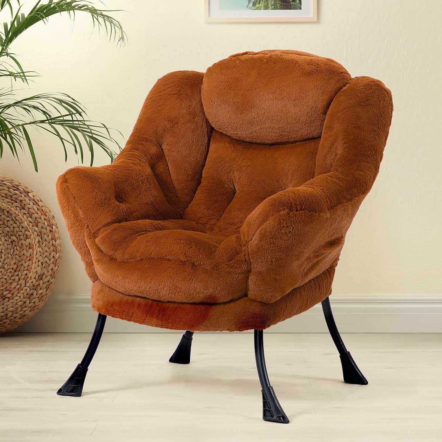 HollyHOME Lazy Chair with Foldable Ottoman, Accent Comfy Lounge Armchair and Folding Footrest Stool, Leisure Sofa Reading Chair and Footstool for Living Room, Bedroom,Faux Fur Brown