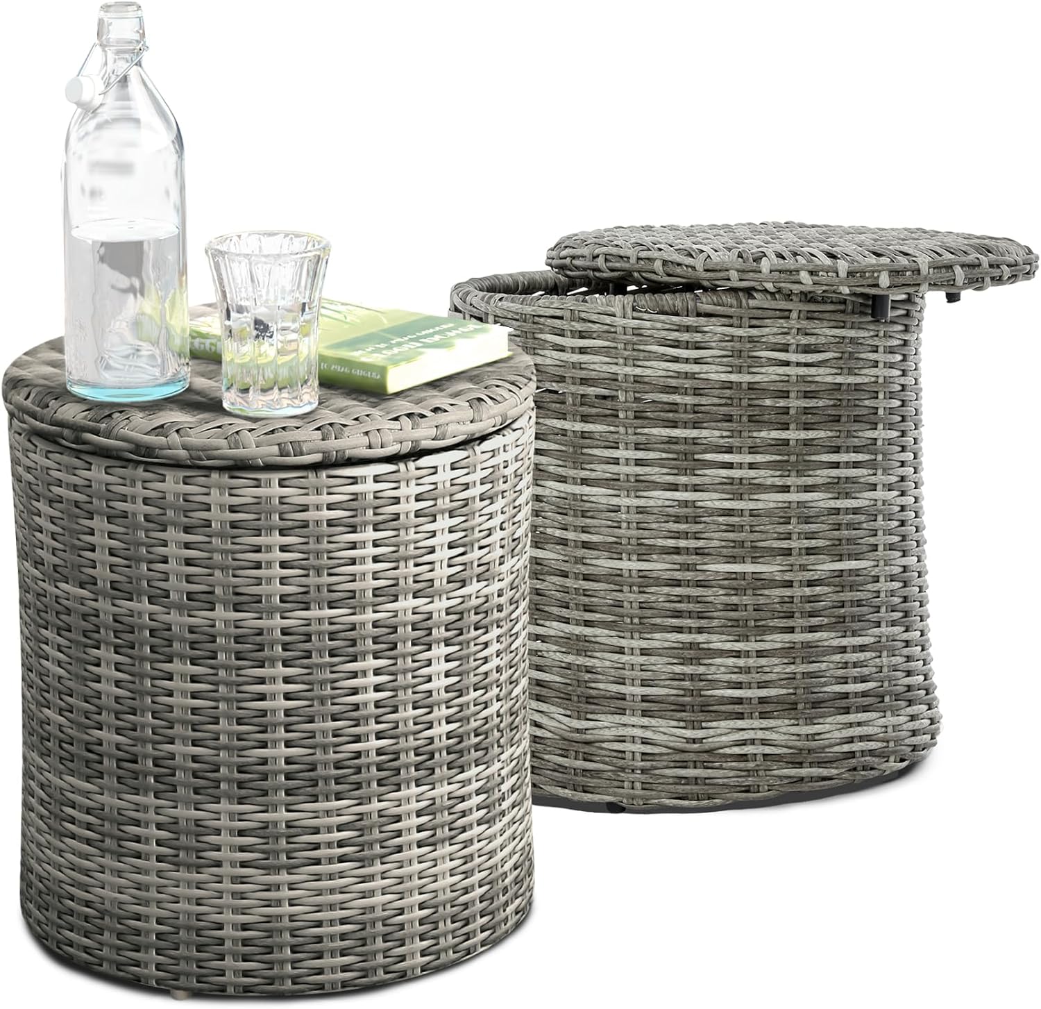 Elle Decor Vallauris Patio Outdoor Furniture Collection, Premium All Weather Wicker, Storage Side Table, Gray