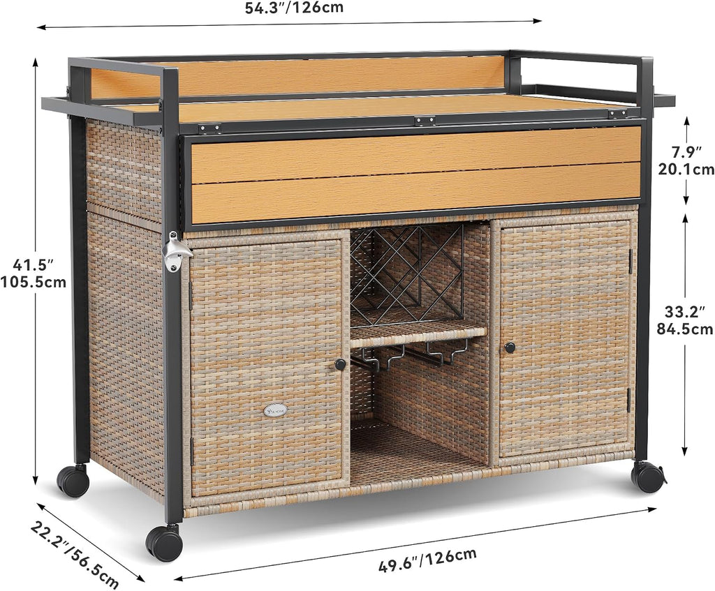YITAHOME XL Outdoor Kitchen Wicker Island Rolling Cart Bar Table & Storage Cabinet, Wheels and Plastic Wood Extended Table Top, Double Handle for Patio Kitchen or Bar Cart,Light Yellow Gradient