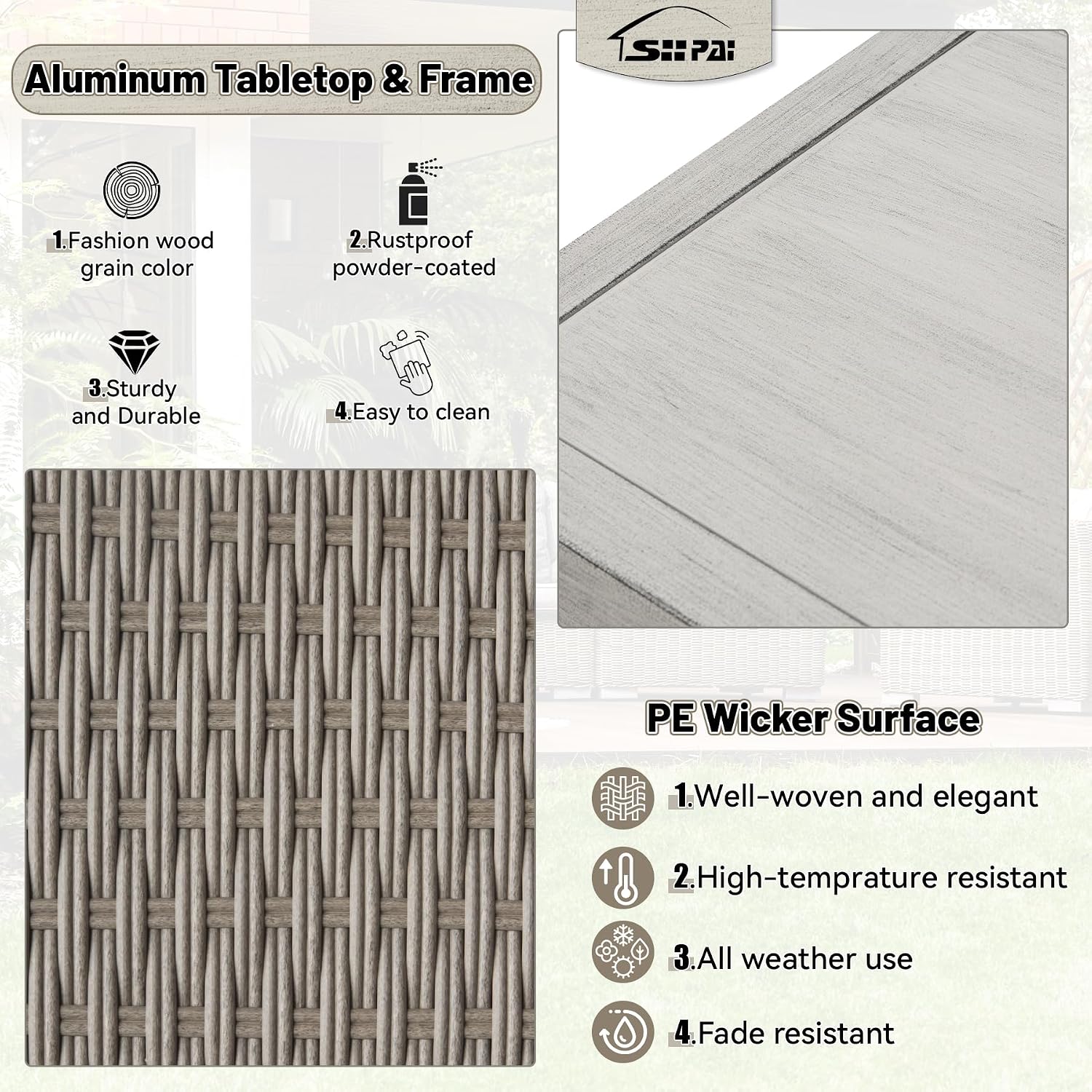Outdoor Bar Table with Storage, Aluminum & PE Wicker Patio Bar Tables, Outdoor Kitchen Cabinet Furniture Weatherproof, Outside Bars for BBQ Cooking, Farmhouse Buffet with Shelves, Wood Grain