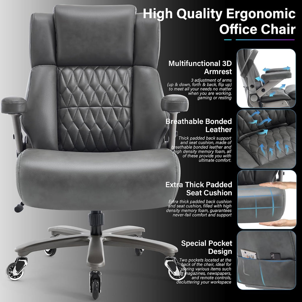 Big and Tall 700lbs Office Chair - Adjustable Lumbar Support 3D Flip Arms Heavy Duty Metal Base&Wheels, High Back Large Executive Computer Desk Chair, Thick Padded Ergonomic Design for Back Pain