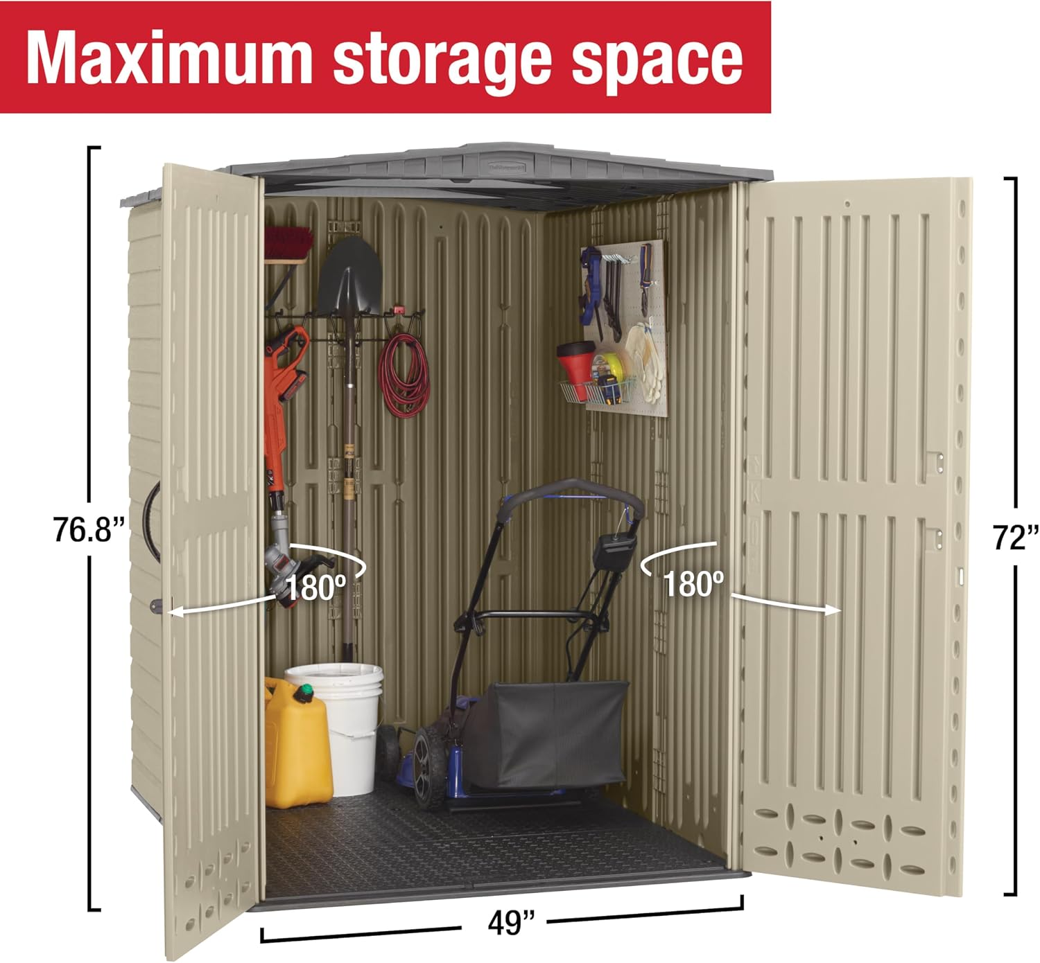 Rubbermaid Large Vertical Resin Outdoor Storage Shed With Floor (6.2 x 4.6 Ft), Weather Resistant, Beige/Brown, Organization for Home/Backyard/Garden Tools/Lawn Mower/Bike Storage/Pool Supplies