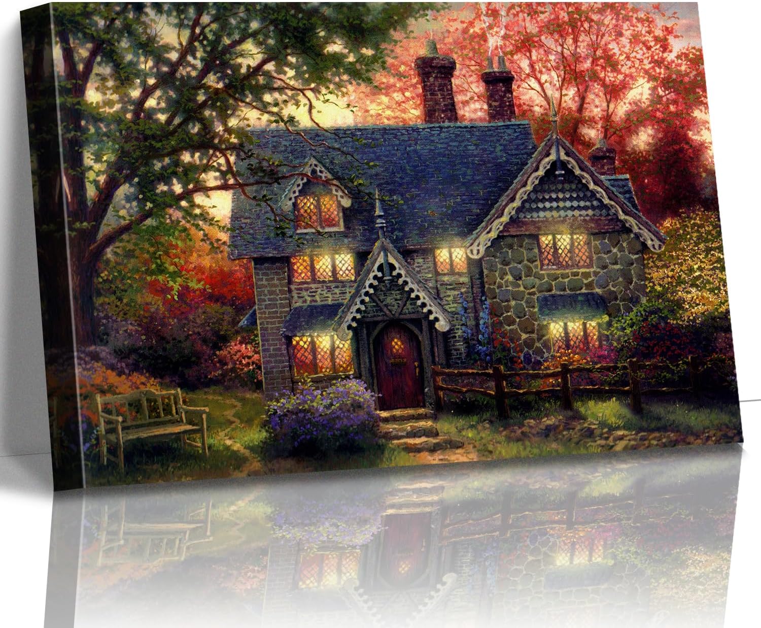 STUDIO HAVEN Thomas Kinkade Canvas Wall Art, Autumn Evening Flower Garden Cozy Glow and Wooden Bench Oil Painting Poster Rustic Landscape Wall Decor, Framed Prints for Home Decor, 48x32Inch