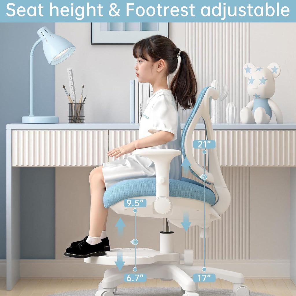 Desk Chair, Ergonomic Study Chair for Kids with Lumbar Support and Footrest, Adjustable Height, Flip-Up Armrests, Mesh Student Chair with Adjustable backrest, Model Deer (Blue)