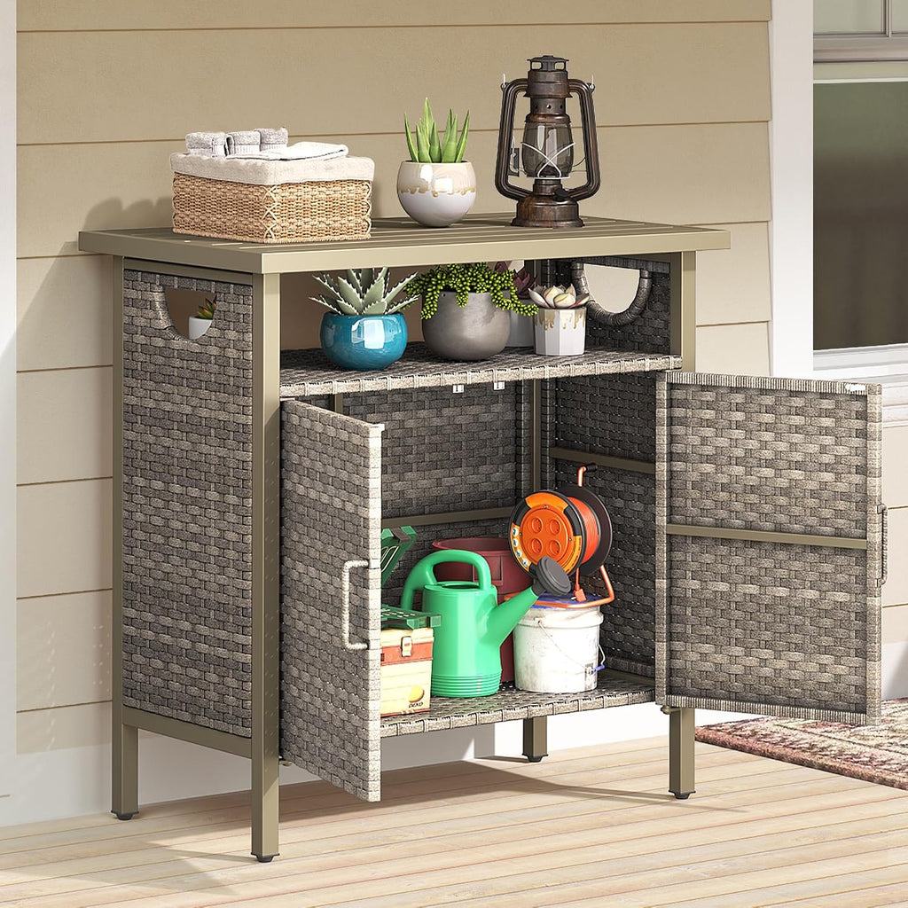 YITAHOME Outdoor Storage Cabinet, Patio Deck Bench Storage Table, Wicker Storage Console Bench for Outdoor Cushions, Pool Tool and Garden Potting, Brown