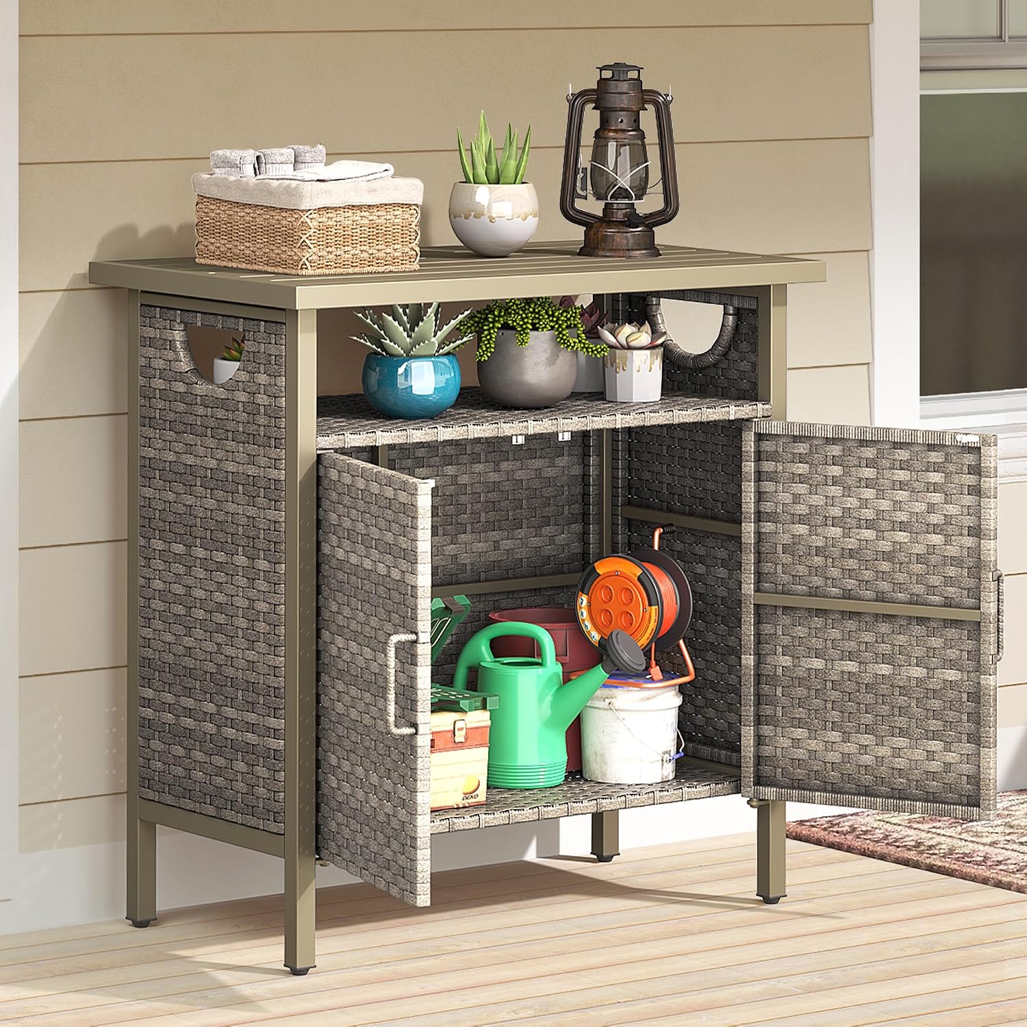 YITAHOME Outdoor Storage Cabinet, Patio Deck Bench Storage Table, Wicker Storage Console Bench for Outdoor Cushions, Pool Tool and Garden Potting, Brown