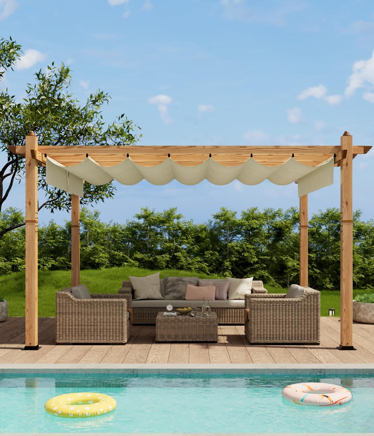 GAOMON Retractable Pergola 10' x 13' Aluminum Outdoor Pergola with Retractable Canopy Faux Wood Metal Pergolas for Patios, Backyard, Deck, Patio, Garden Porch Beach Pavilion Grape Trellis, Beige
