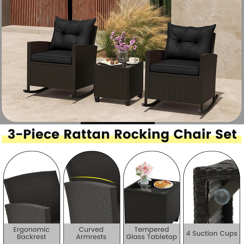 ORALNER 3 Pieces Patio Furniture Set, Outdoor Wicker Rocking Chairs with Soft Cushions, Glass Coffee Table, Rattan Conversation Bistro Set for Front Porch Balcony Garden Deck Poolside (Black)