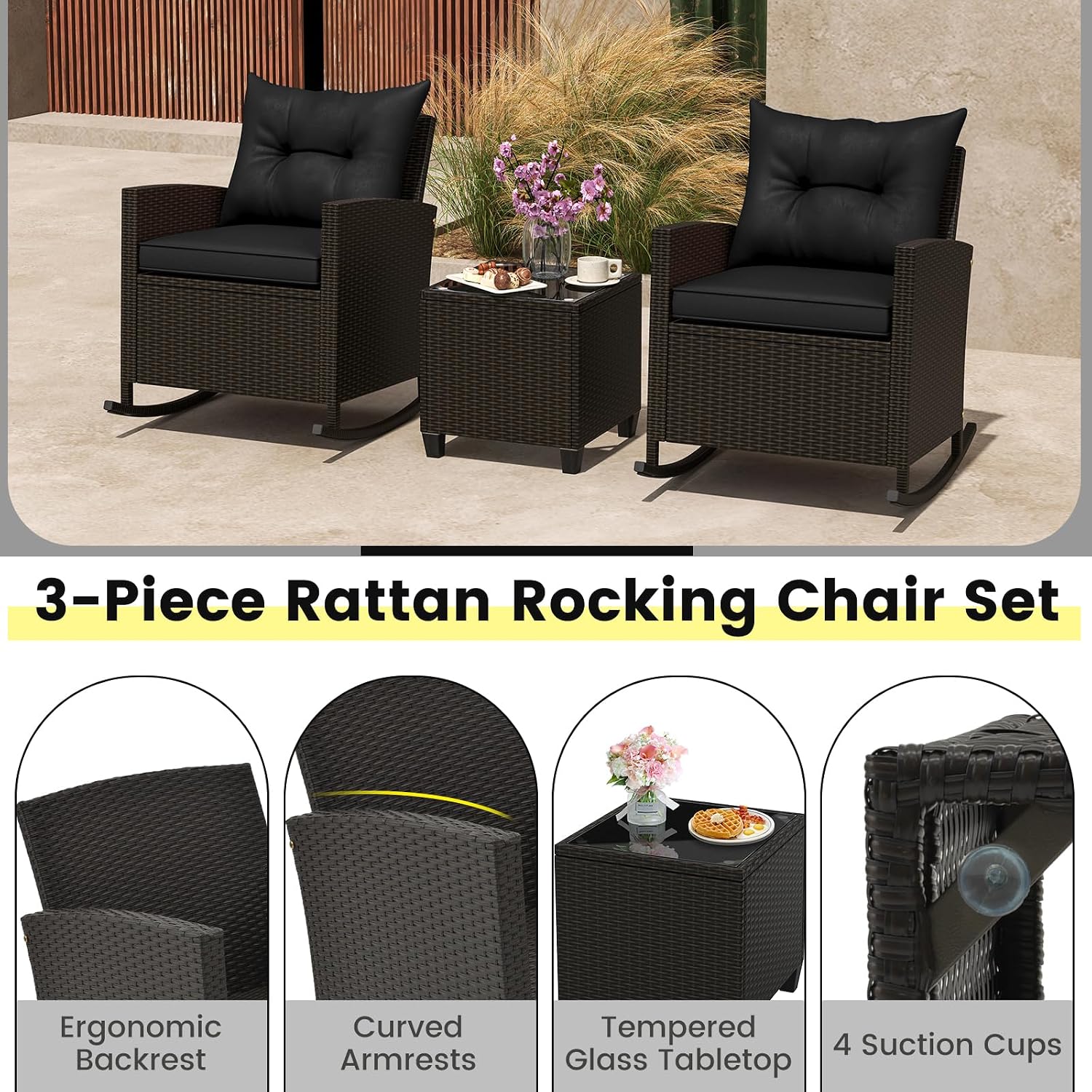 ORALNER 3 Pieces Patio Furniture Set, Outdoor Wicker Rocking Chairs with Soft Cushions, Glass Coffee Table, Rattan Conversation Bistro Set for Front Porch Balcony Garden Deck Poolside (Black)