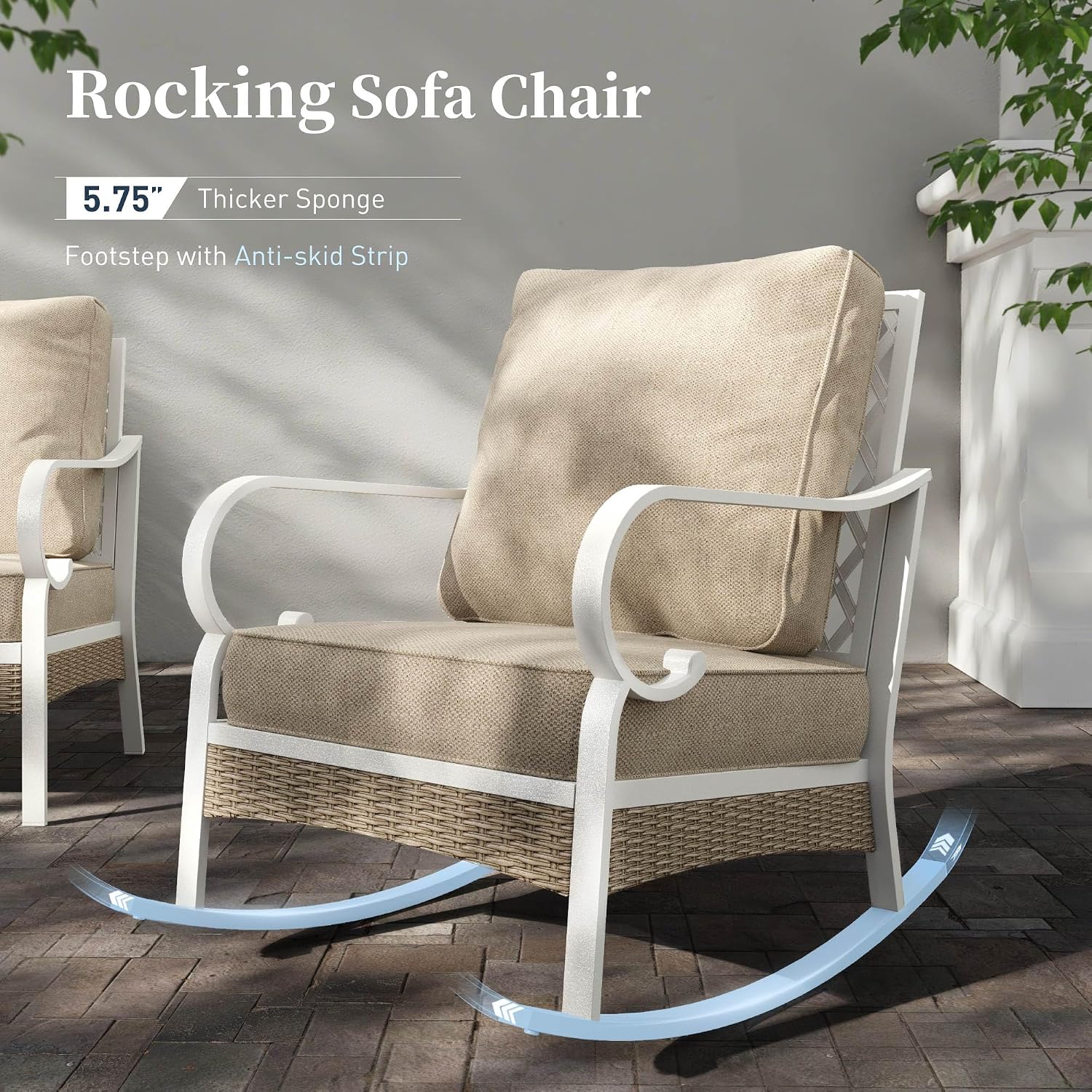 SUNSHINE VALLEY 4 Piece Metal Outdoor Patio Furniture Sets, Patio Conversation Sets 1 2-Seater Sofa, 2 Single Sofa with 5.75' Thick Cushion and Coffee Table, White Frame Backyard Furniture, Beige