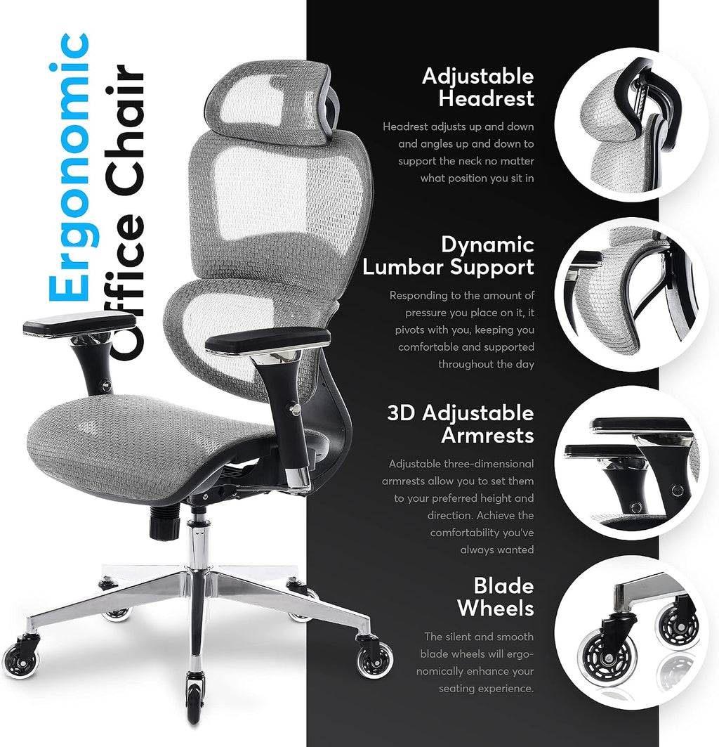 Oline ErgoPro Ergonomic Office Chair - Rolling Desk Chair with 4D Adjustable Armrest, 3D Lumbar Support and Blade Wheels - Mesh Computer Chair, Gaming Chairs, Executive Swivel Chair (Light Gray)