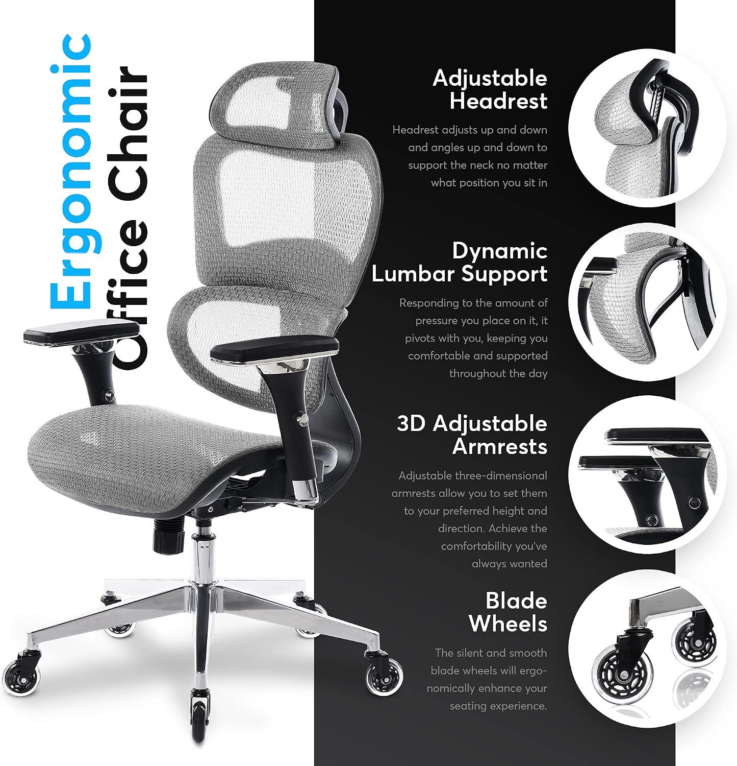 Oline ErgoPro Ergonomic Office Chair - Rolling Desk Chair with 4D Adjustable Armrest, 3D Lumbar Support and Blade Wheels - Mesh Computer Chair, Gaming Chairs, Executive Swivel Chair (Light Gray)