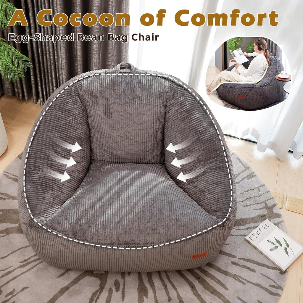 Giant Bean Bag Chair for Adults, Teens and Kids, Cozy Fluffy Corduroy Beanbag Chair with Filler, Large Floor Lounge Sofa for Living Room, Bedroom, Dorm, Gaming and Reading(L-Charcoal)