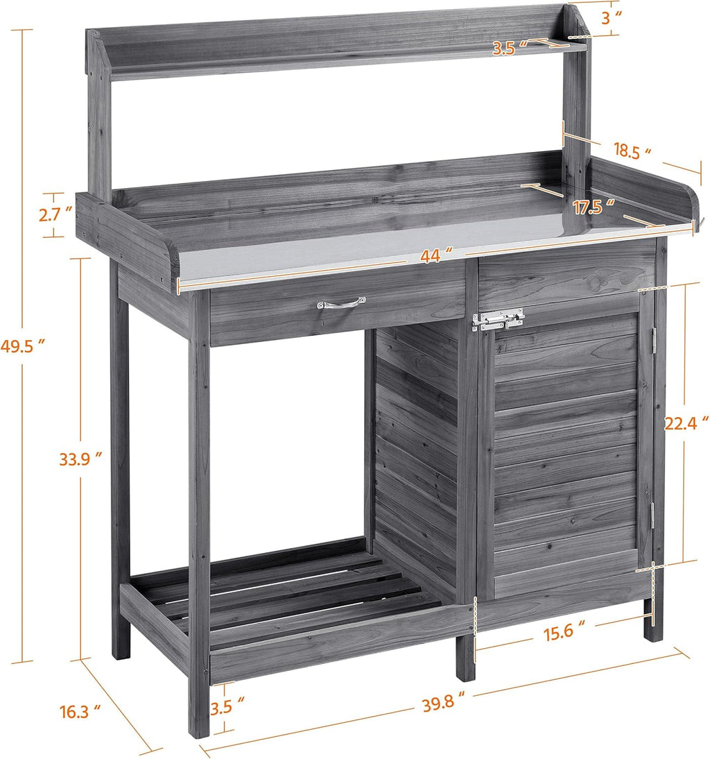 Topeakmart Garden Potting Bench Wooden Workstation Outdoor Wooden Potting Table W/Top Shelf & Lower Shelf & Cabinet Drawer & Open Shelf Gray
