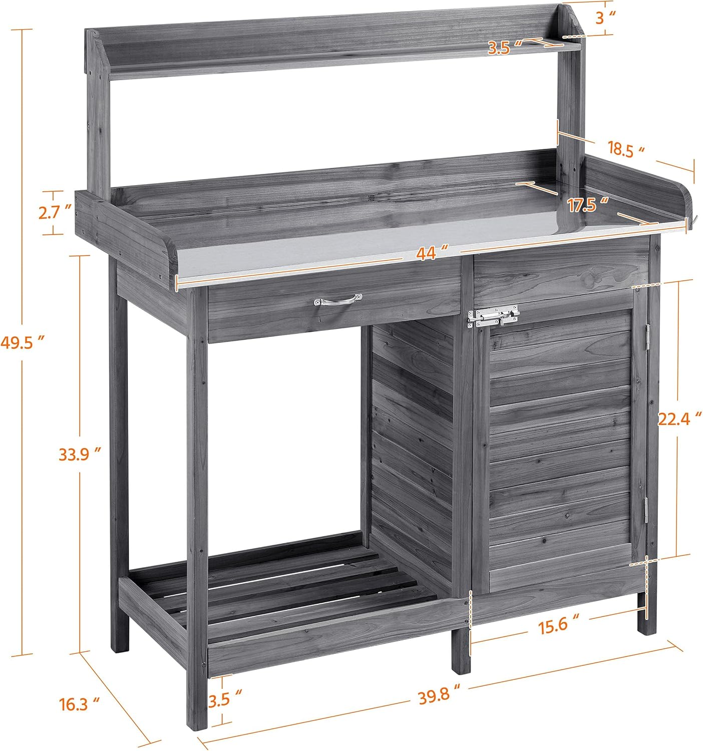 Topeakmart Garden Potting Bench Wooden Workstation Outdoor Wooden Potting Table W/Top Shelf & Lower Shelf & Cabinet Drawer & Open Shelf Gray