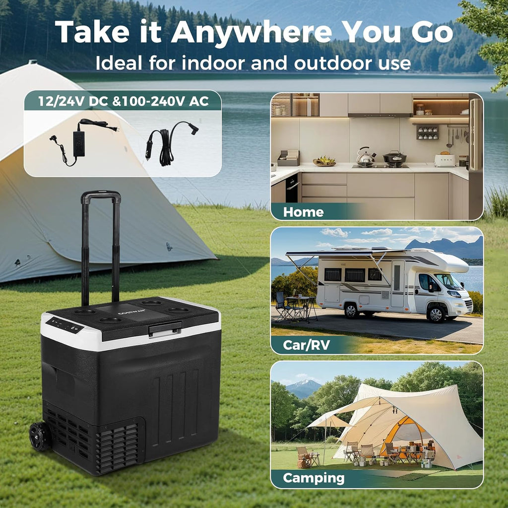 COSTWAY Portable Car Refrigerator, 42-quart Car Fridge with Adjustable Range -4℉~68℉, 12/24V DC 100-240V AC Electric Cooler Freezer with Divider for Camping, RV, Travel, Fishing, Home, Black