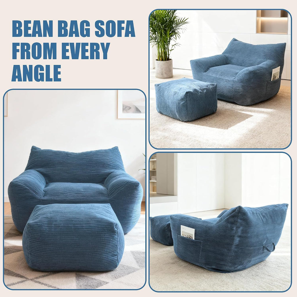 Giant Bean Bag Chair with Ottoman, Comfy Bean Bag Couch with 2 Side Pocket, Corduroy Boneless Couch Chair in a Box, Stuffed Lounge Floor Sofa for Dorm, Bedroom, Living Room, Blue