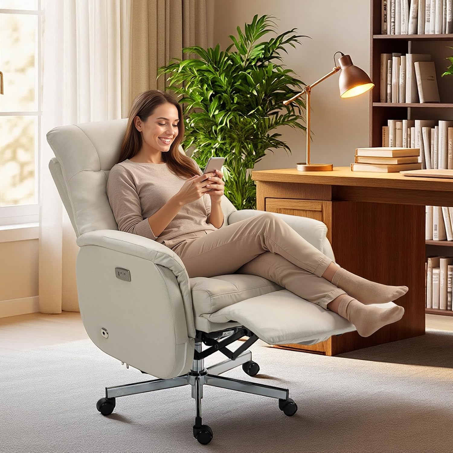 ECOTOUGE Electric Office Chair with USB Charging, Recliner Executive Office Chair with Footrest, Big and Tall High-Back Computer Chair, 400LBS Weight Capacity, Microfiber, Beige