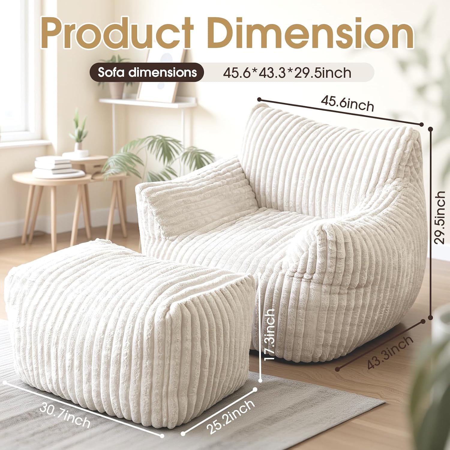 Giant Bean Bag Chair with Ottoman, Oversized Plush Comfy Bean Bag Sofa for Adults and Kids, Memory Foam Mini Couch Single Lounges for Living Room, Bedroom & Game Room(Beige)