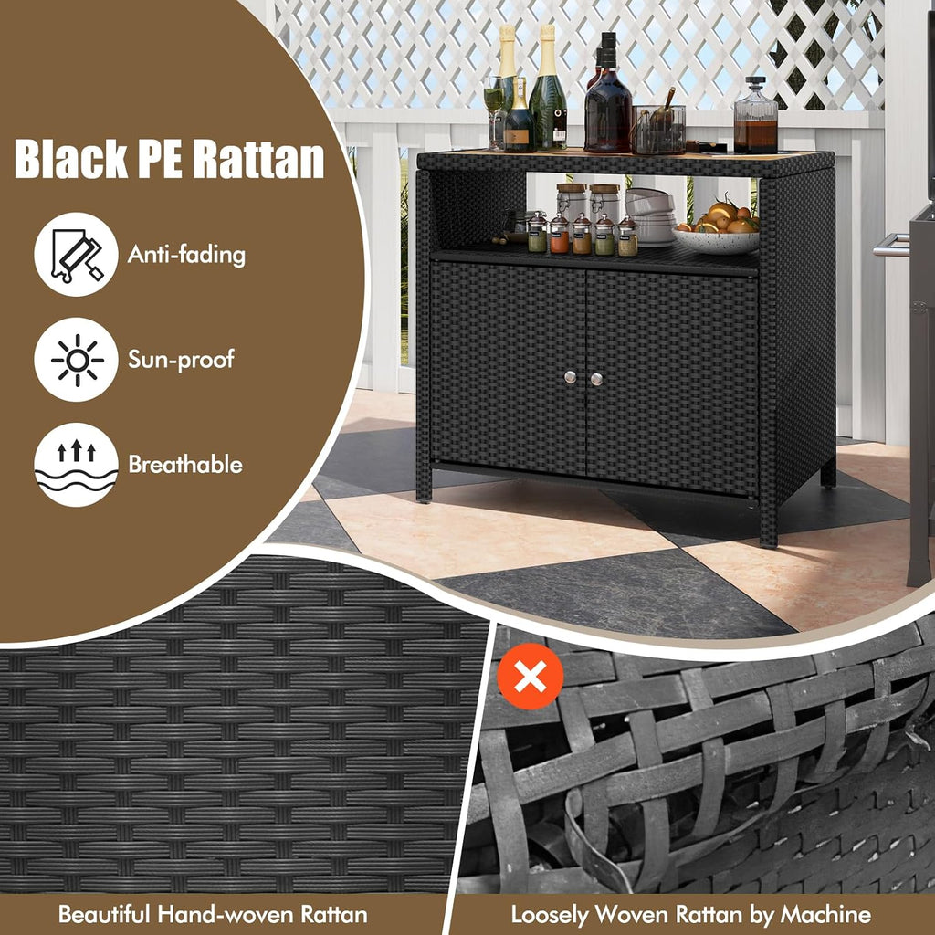 HAPPYGRILL Rattan Storage Cabinet, Patio Sideboard Buffet Cabinet with Acacia Wood Countertop, Open Shelf & 2 Door Cabinet, Wicker Storage Organizer for Garden Tools (Black)