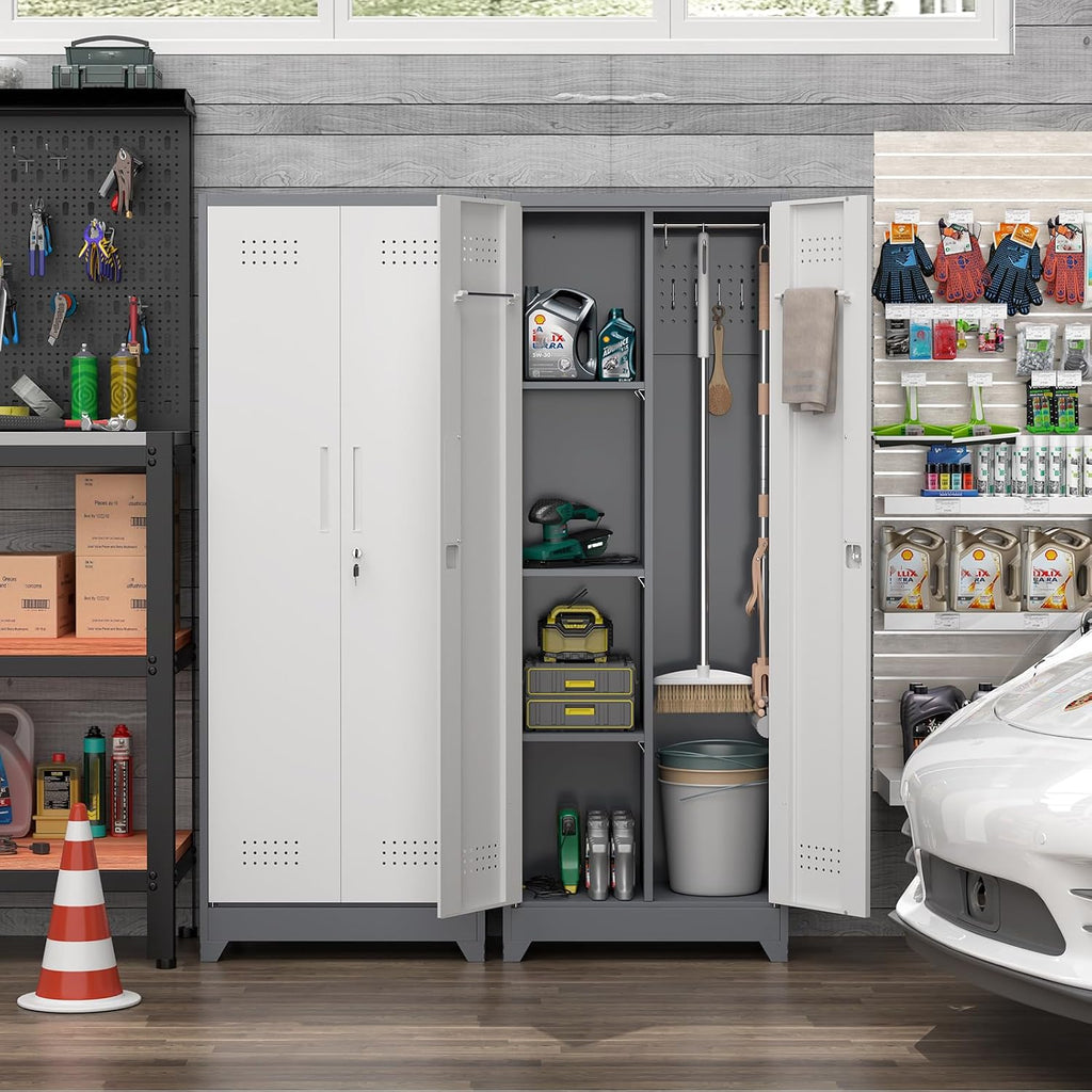 Metal Storage Cabinet with Lockable Doors, 65' Steel Utility Cabinet for Garage & Home Office, Tall Broom Closet with Adjustable Shelves, Vents & Cable Hole for Tools, White/Grey