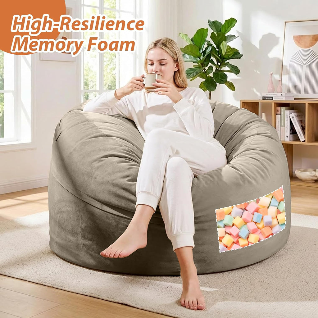 4FT Bean Bag Chair, Bean Bag Chairs for Adults and Kids, Fluffy and Comfy Bean Bag with Velvet Cover, Bean Bag with Memory Foam Filled for Gaming, Living Room, Playroom (Light Grey)