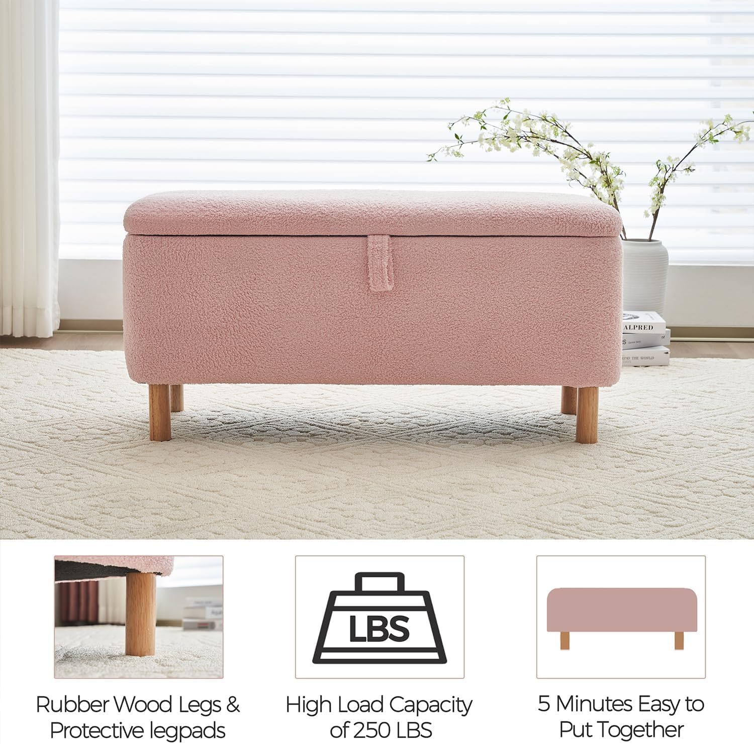 Boucle Storage Ottoman Bench for Bedroom end of Bed, Sherpa Upholstered Shoe Seat Storage Bench for Entryway Bed Foot, Rectangle Cushion Padded Blanket Chest Cute for Living Room, Pink