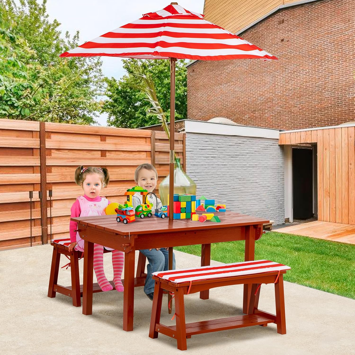 BRINJOY Kids Picnic Table with Umbrella, Outdoor Wooden Table & Bench Set w/Cushions & 2 Removable Boxes, 4-in-1 Children Sand and Water Table Activities Furniture for Patio, Garden, Indoor Outdoor