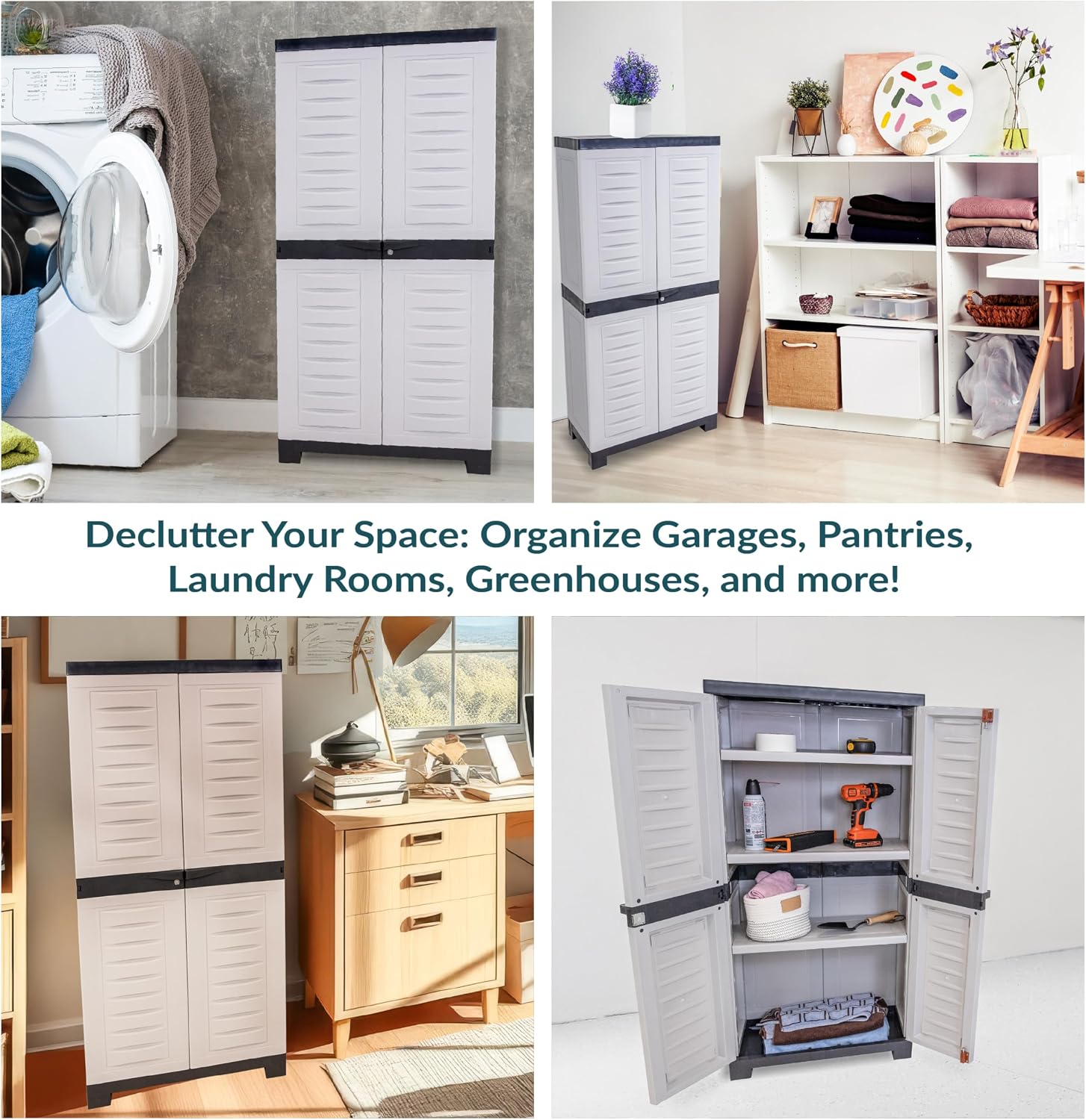 Sunnydaze 48' H Resin Garage Storage Cabinet - Garage Cabinet with Lockable Doors and Adjustable Shelves - Freestanding Utility Storage for Laundry Room, Office, Basement - Gray/Charcoal Trim