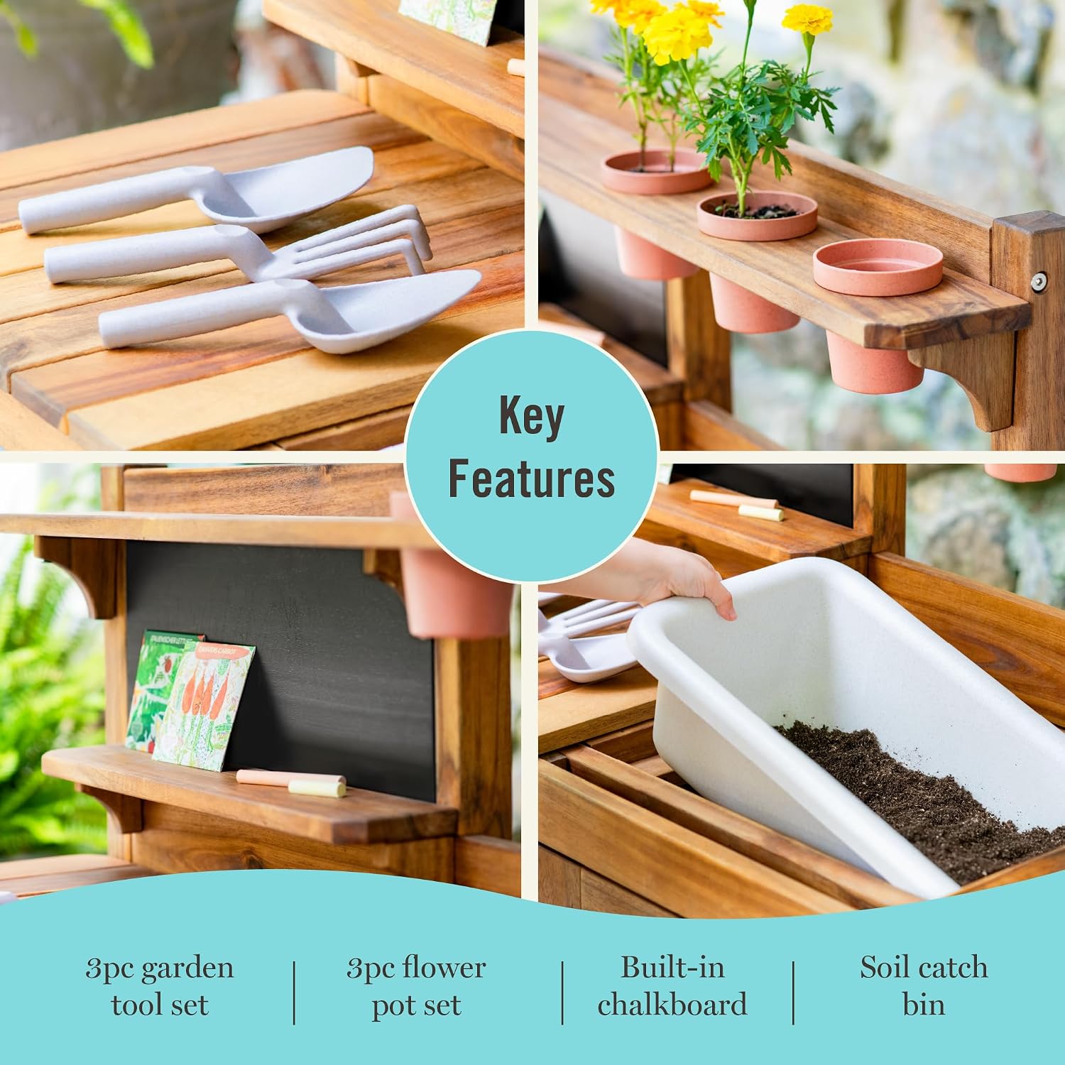 Martha Stewart Kids' Outdoor Potting Bench: Wooden Mud Kitchen Playset w/Pots, Gardening Tools, Chalkboard, Removable Sink | Kids' Pretend Play Furniture, Sensory Mud Table w/Storage for Backyard