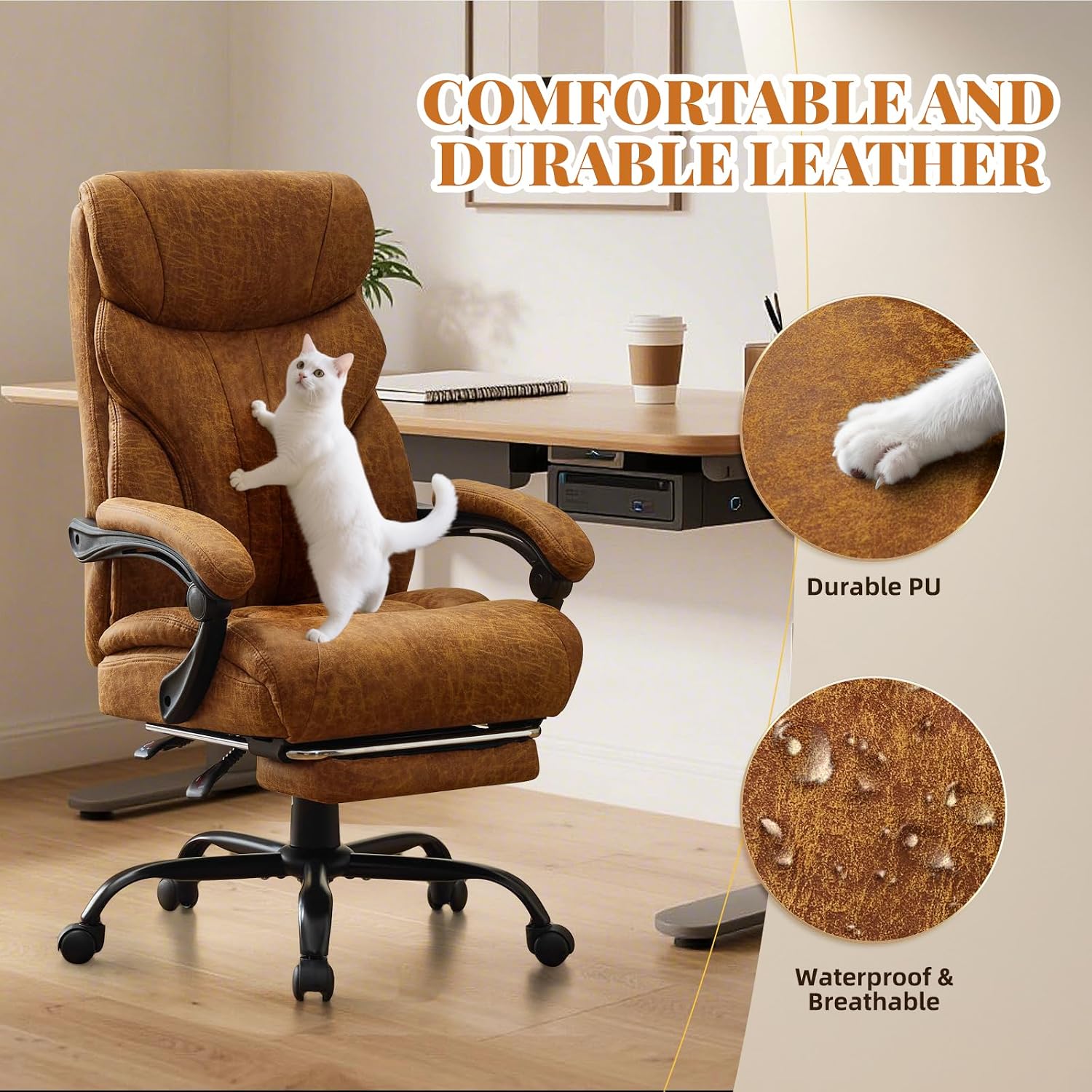 Big and Tall Office Chairs with Foot Rest,500LBS Wide Ergonomic Gaming Chair,100-135°Recline Executive Leather Computer Chairs with Adjustable Height,Brown
