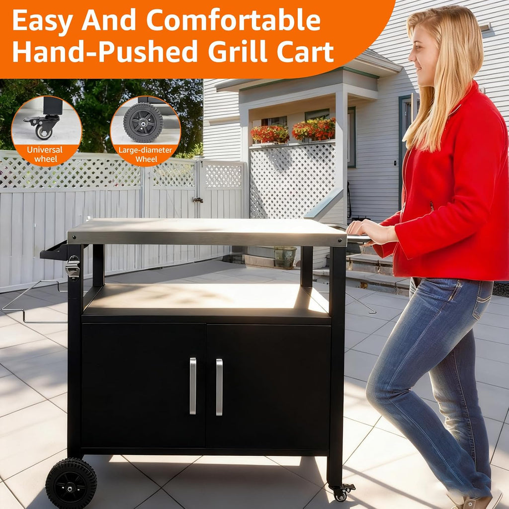 Heavy-Duty Outdoor Kitchen Island with Storage Cabinet - Movable BBQ Grill Table & Pizza Oven Stand, Portable Food Prep Station, Rolling Dining Cart for Patio, Backyard & Indoor Griddle Table