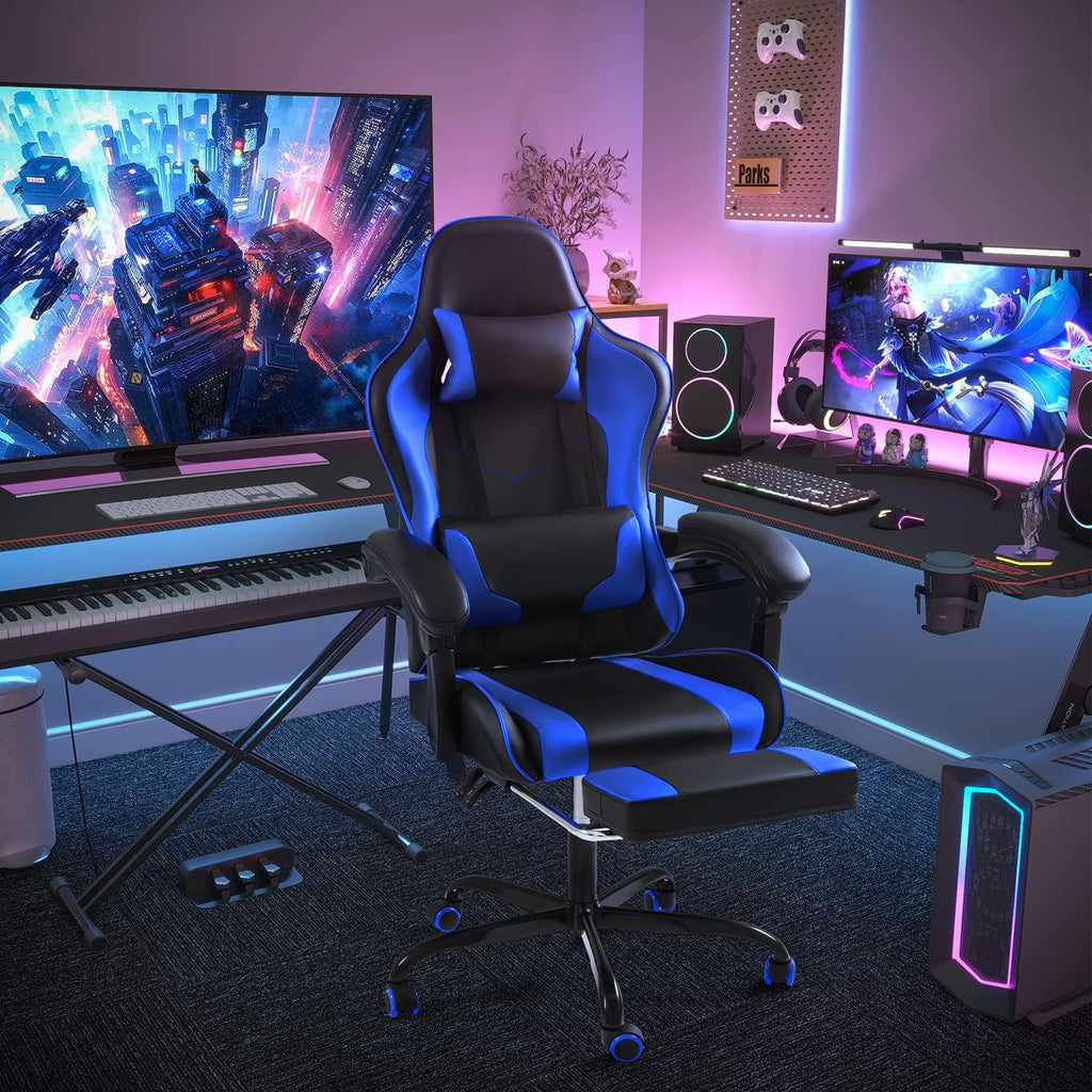 Shahoo Gaming Chair with Footrest and Massage Lumbar Support, Video Game Chairs Height Adjustable Seat with Headrest for Office or Bedroom, Study Room, Dark Blue