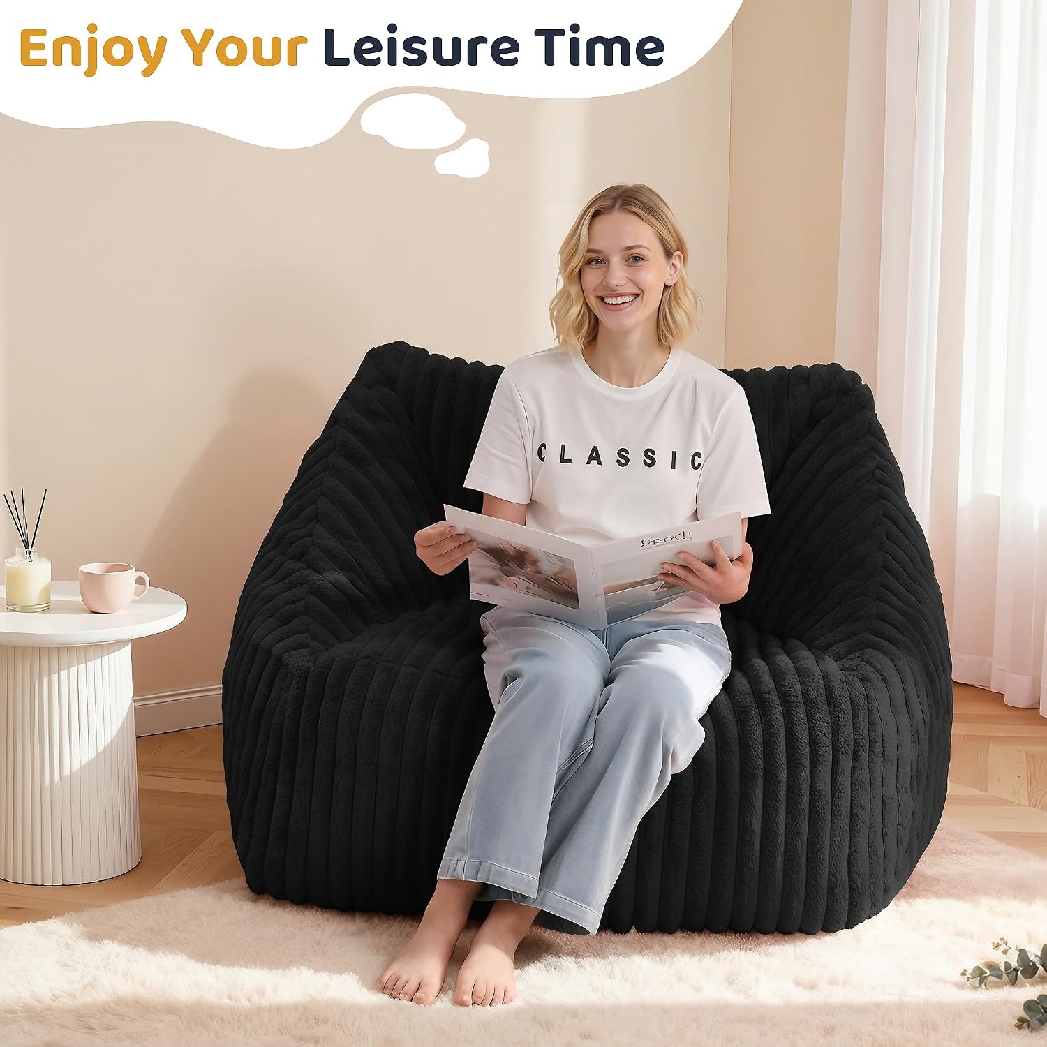 HABUTWAY Bean Bag Chair, Giant Bean Bag Chairs for Adults and Kids, Bean Bag Sofa, Lazy Floor Sofa, Faux Fur Beanbag Chair with Armrests for Living Room Bedroom (Black)