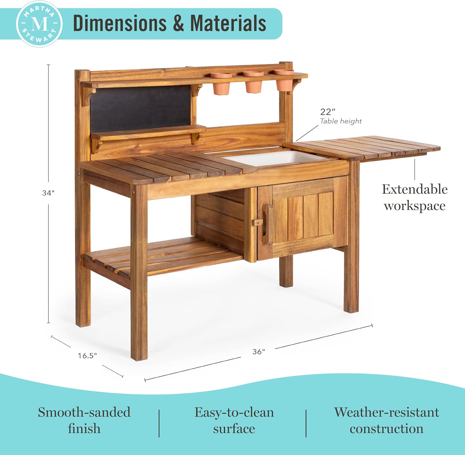 Martha Stewart Kids' Outdoor Potting Bench: Wooden Mud Kitchen Playset w/Pots, Gardening Tools, Chalkboard, Removable Sink | Kids' Pretend Play Furniture, Sensory Mud Table w/Storage for Backyard