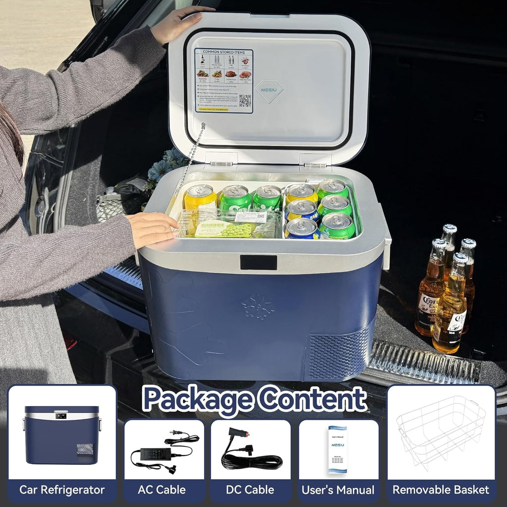 Megiu Car Refrigerator, Portable Car Fridge 12V Refrigerator 19 Quart (18 Liter) Freezer Compressor Cooler 12V/24V DC 110～240 V AC for Outdoor, Camping, Travel, Home Use -0.4℉~+59℉ (Blue)
