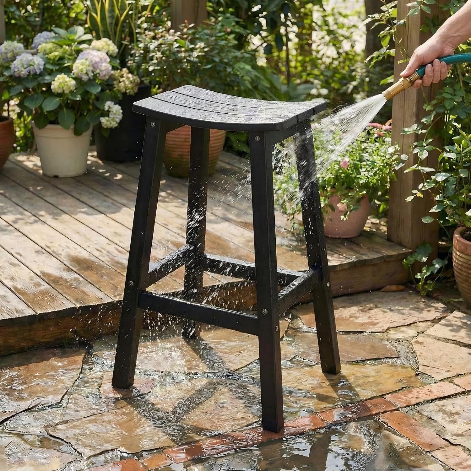 Stoog 3-Piece Patio Bar Set – All-Weather HIPS Outdoor Bar Stools Set of 2, Counter Height Bar Table with Waterproof Top, Fade & Rot Resistant, for Backyard, Deck, Garden, Black