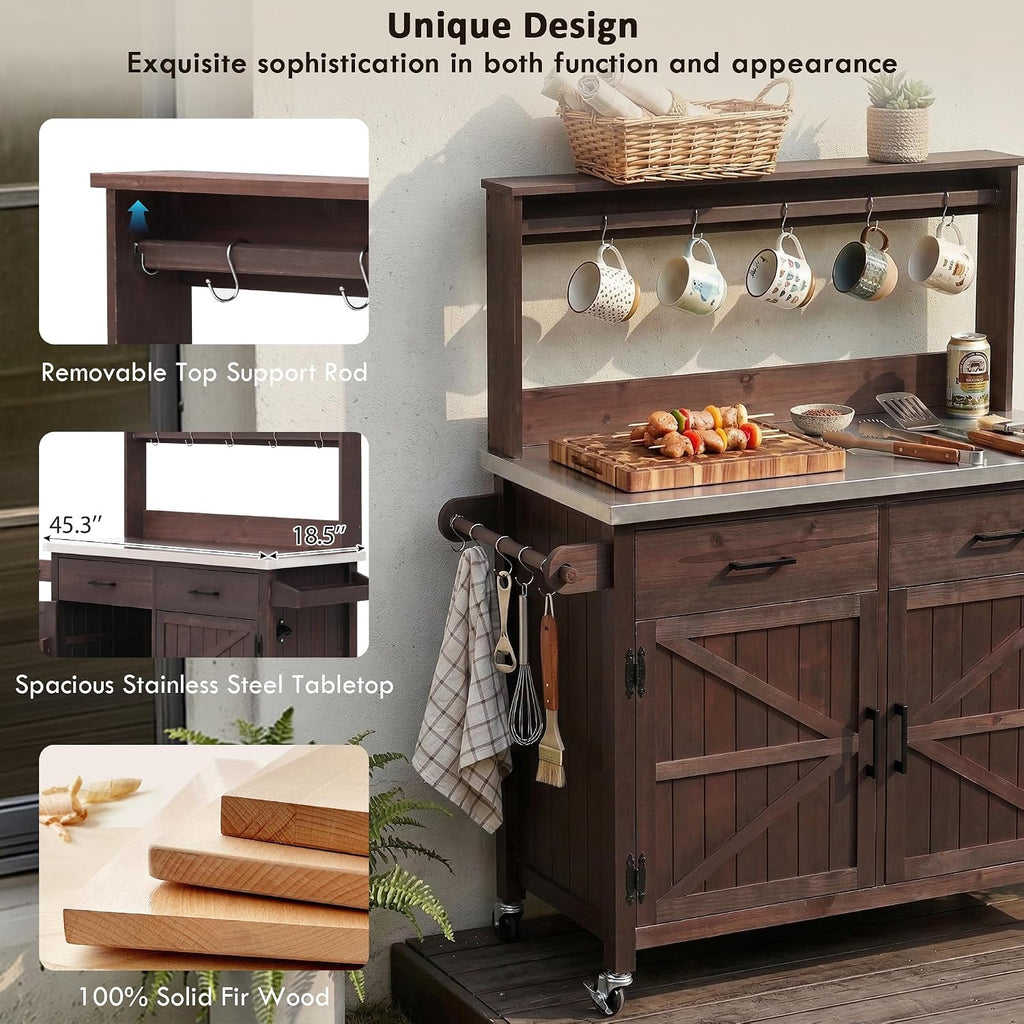 LUMISOL Outdoor Grill Cart with Stainless Steel Top, Solid Wood Kitchen Island with Lockable Wheels & High Shelf, Large Outdoor Potting Bench Table with Storage Cabinet & Towel Rack, Brown