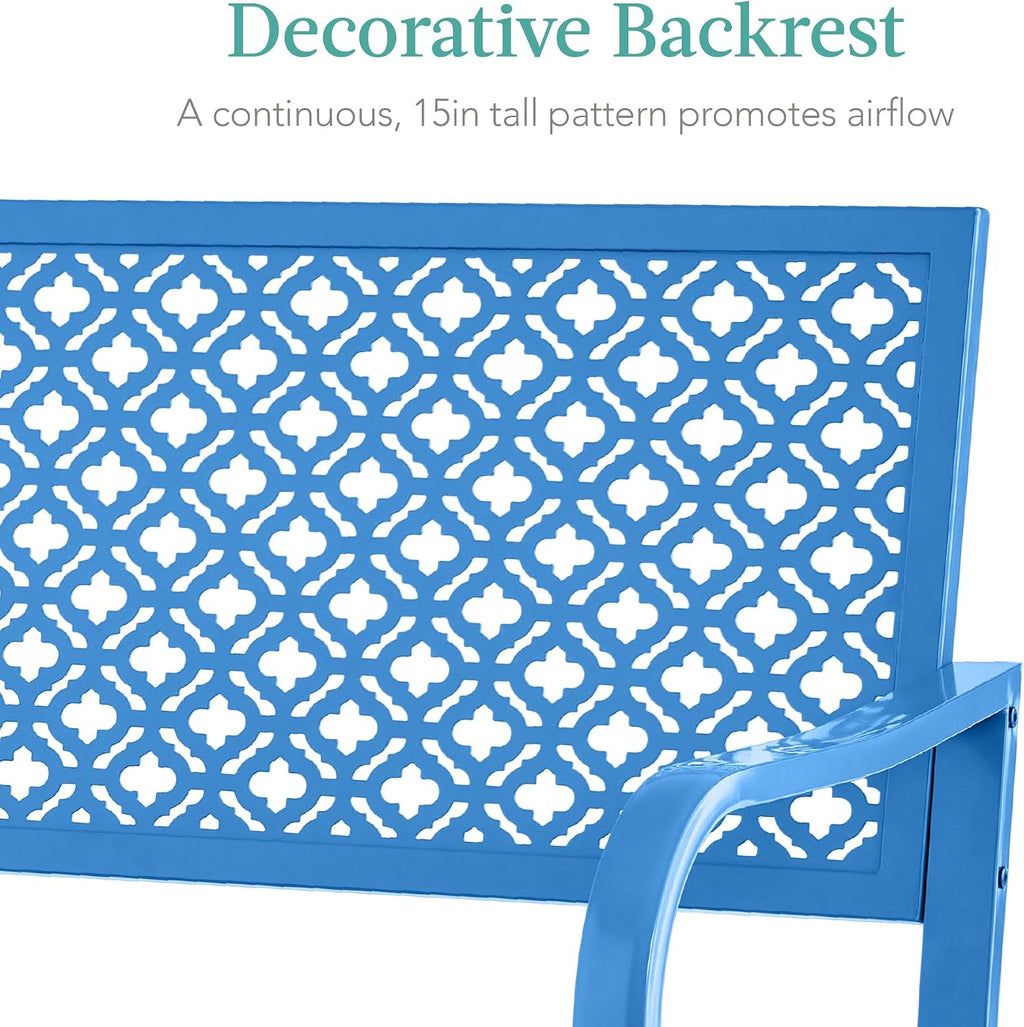 Best Choice Products Outdoor Bench 2-Person Metal Steel Benches Furniture for Garden, Patio, Porch, Entryway w/Geometric Backrest, 790lb Capacity - Ocean Blue