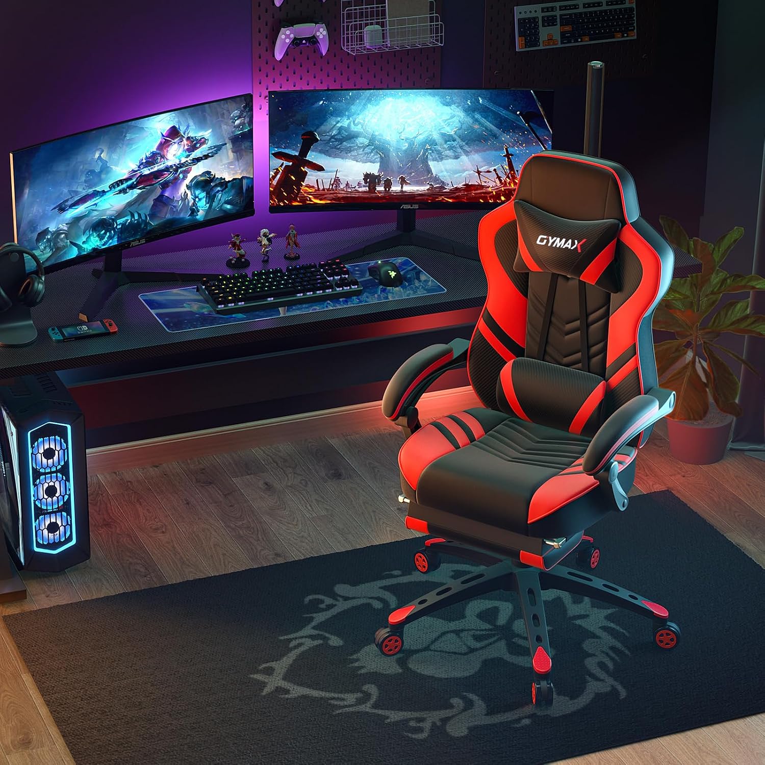 POWERSTONE Gaming Chair Video Game Chair with Footrest and Lumbar Support Racing Style PU Leather Computer Chair Ergonomic Adjustable Swivel Task Chair Red